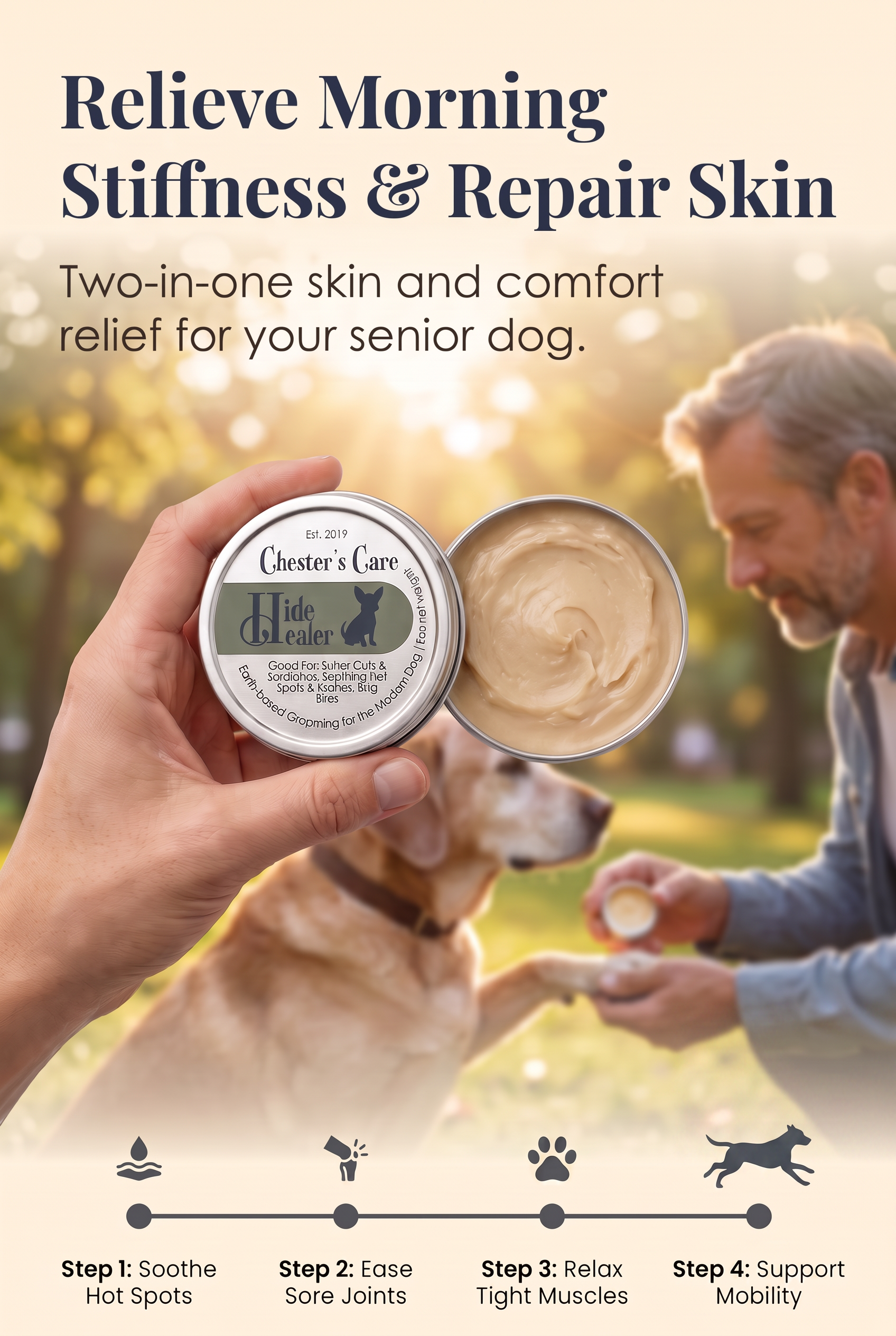 A promotional image for a skincare product for senior dogs. The background shows a man petting a golden retriever outside with sunlight filtering through trees. In the foreground, a hand holds a container of Chester's Care Hide Healer dog balm. The t