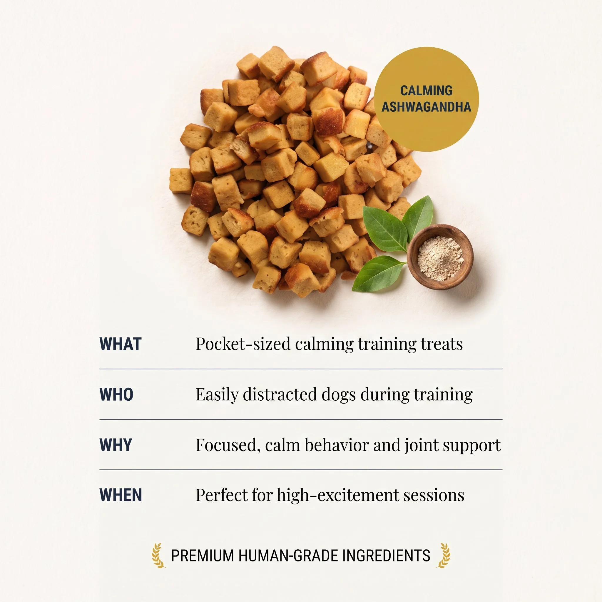 Image of a cluster of small, cubed, golden-brown treats with a label reading 'Calming Ashwagandha' in a gold circle. There are green leaves and a small bowl of powder nearby. The text below describes the treats as pocket-sized calming training treats