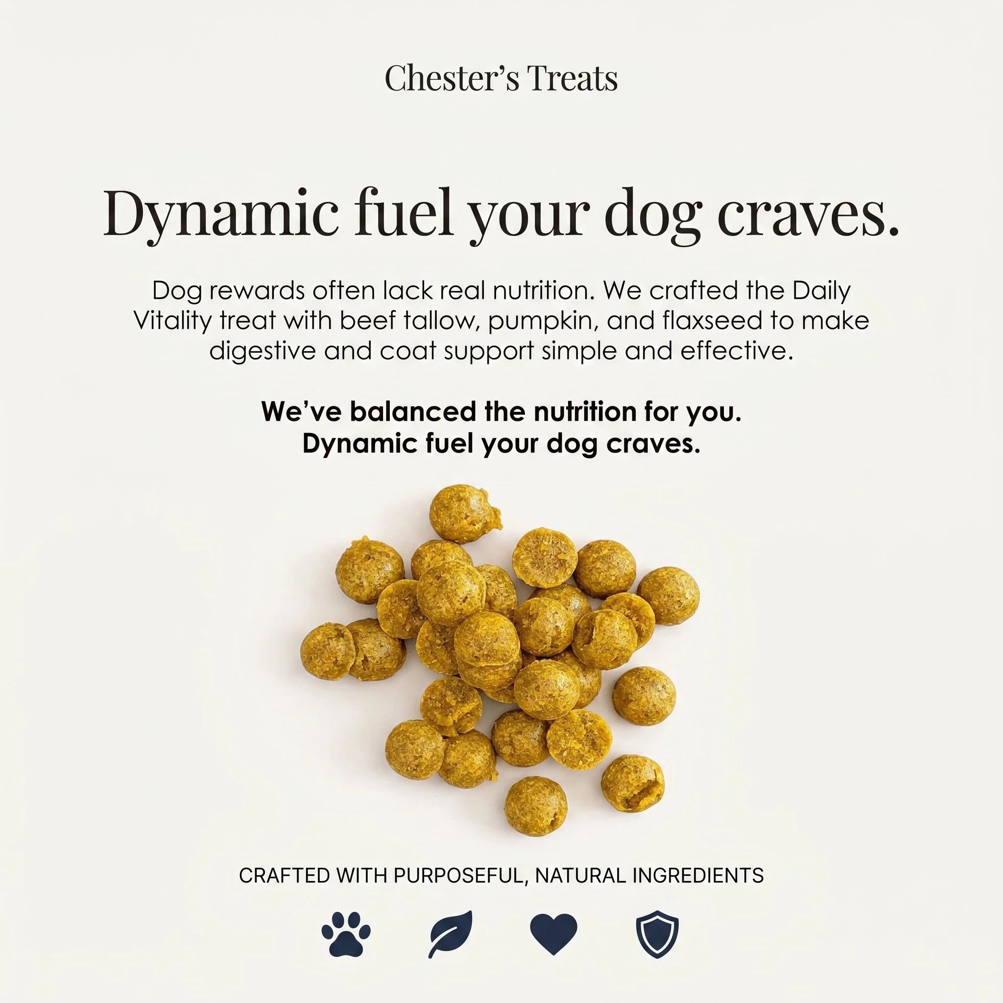 Close-up of a pile of small, golden-yellow dog treats on a white background with text promoting natural ingredients for dog cravings.