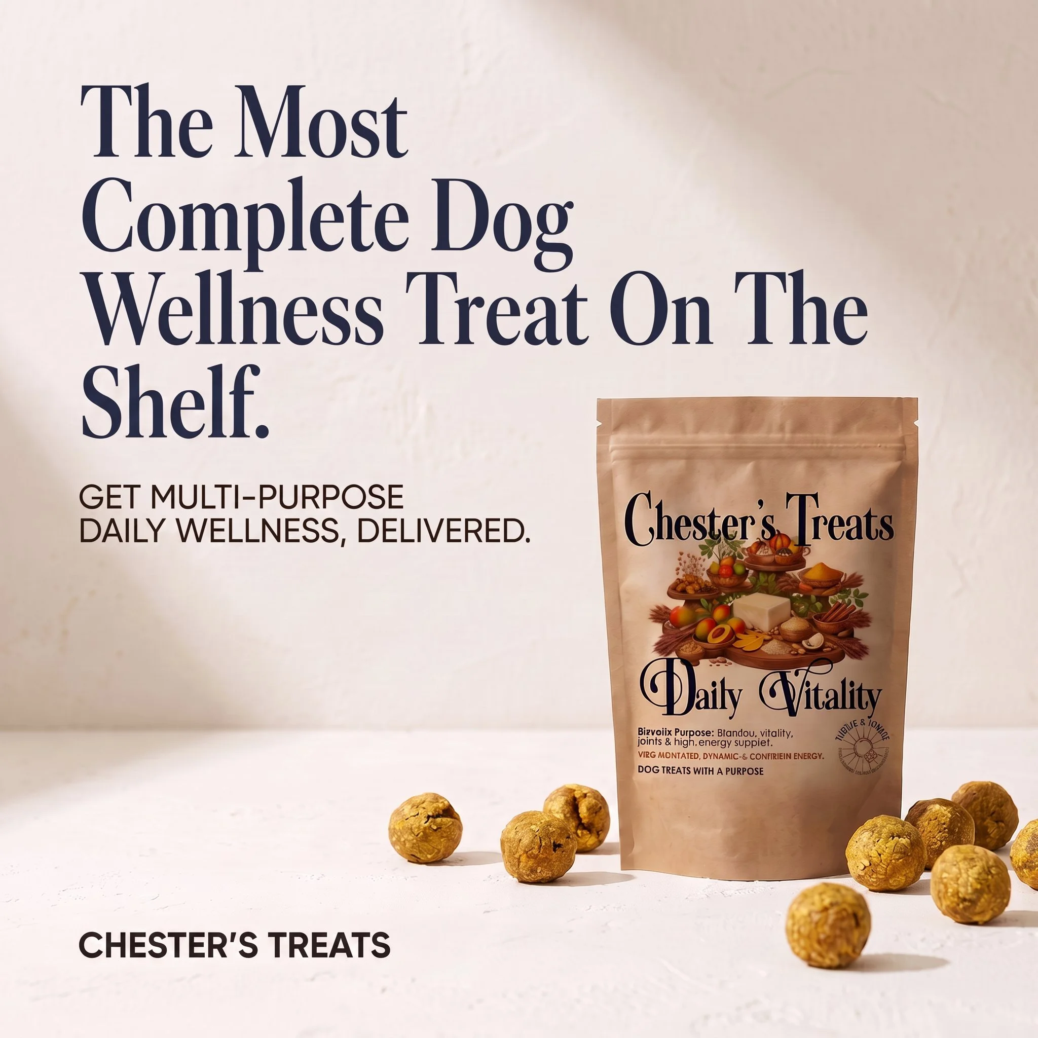 Package of Chester's Treats with a photo of assorted dog treats on a white surface.
