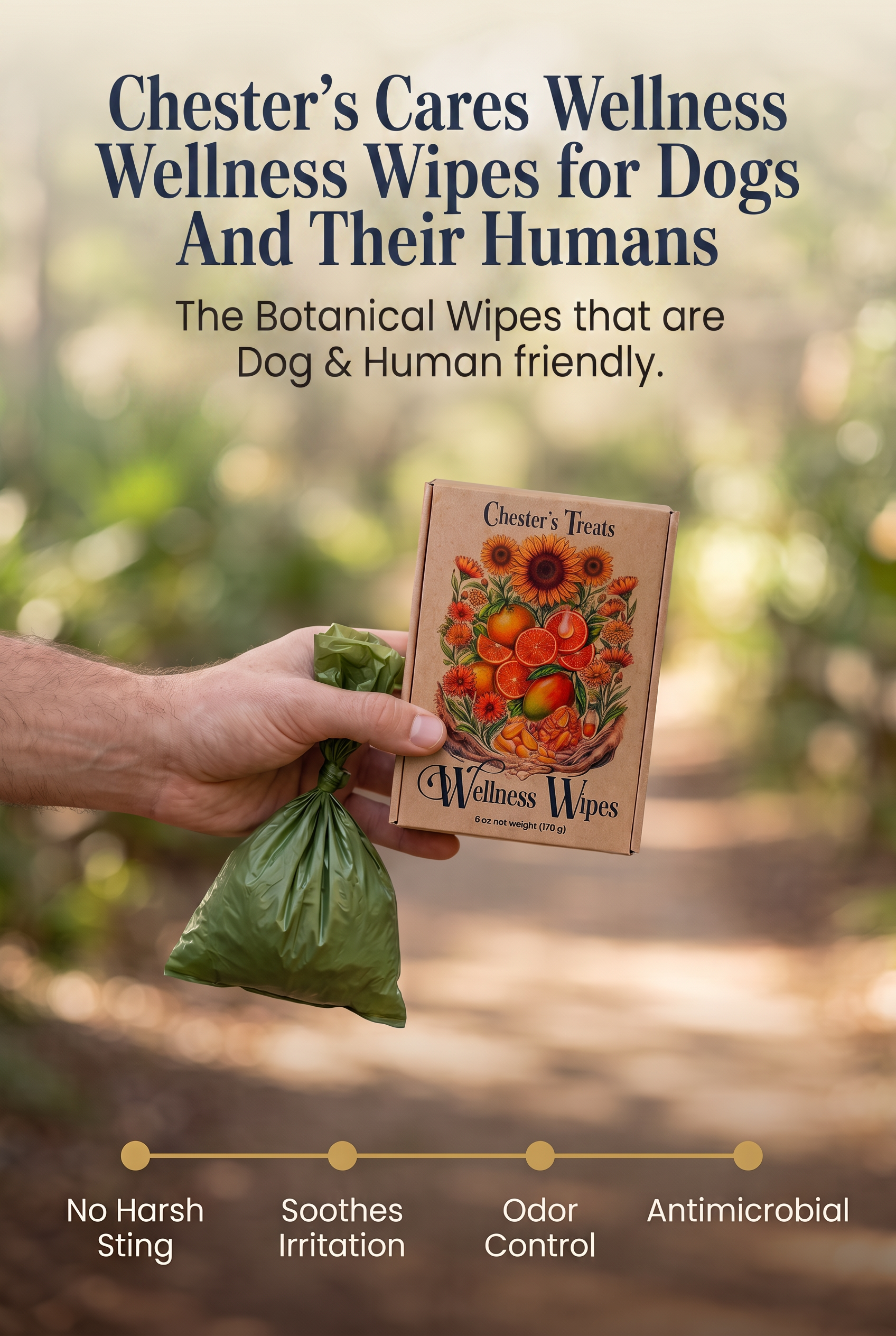 A person holding a package of Chester's Wellness Wipes for dogs and humans in an outdoor setting with trees. The package features an illustration of flowers and fruit, and the text highlights these wipes as gentle, soothing, odor-controlling, and ant