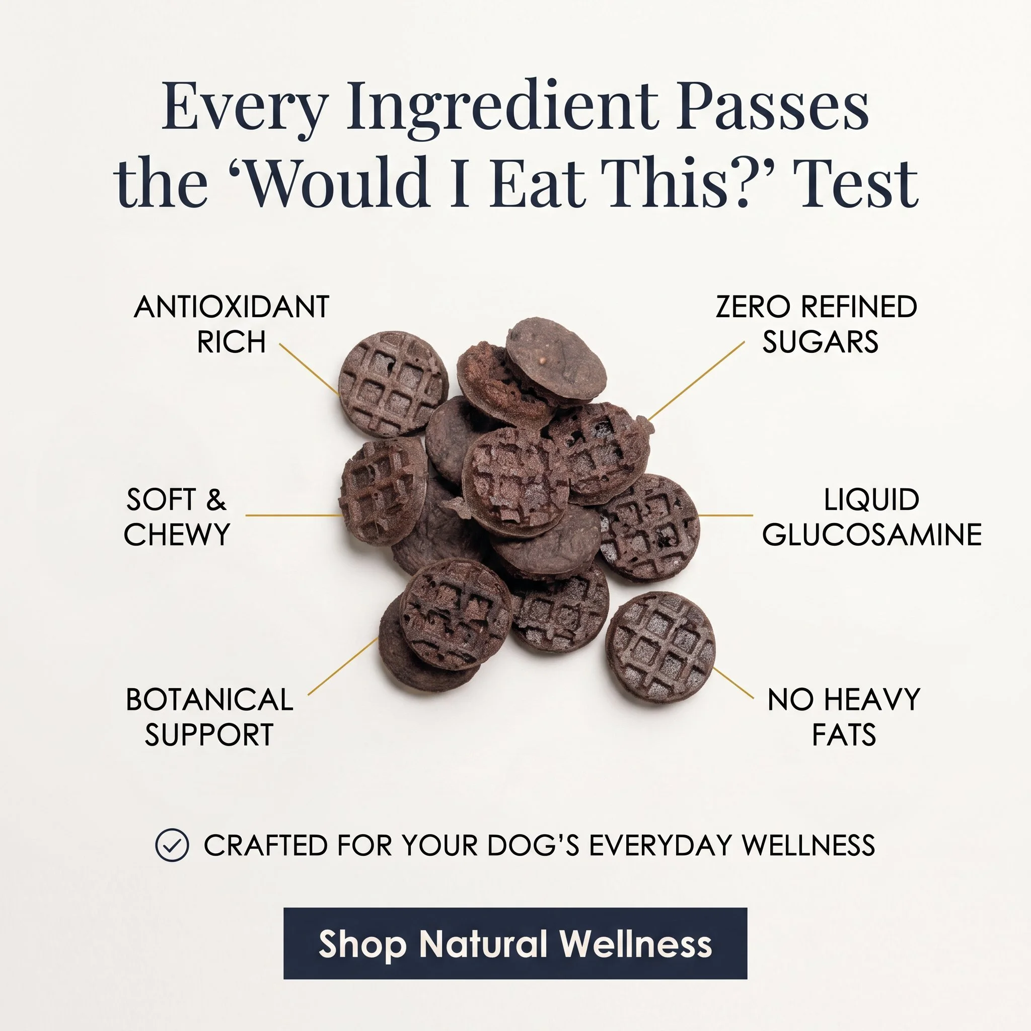 Close-up of a stack of small, round, dark chocolate cookies with a textured surface on a white background, with text promoting natural wellness ingredients.