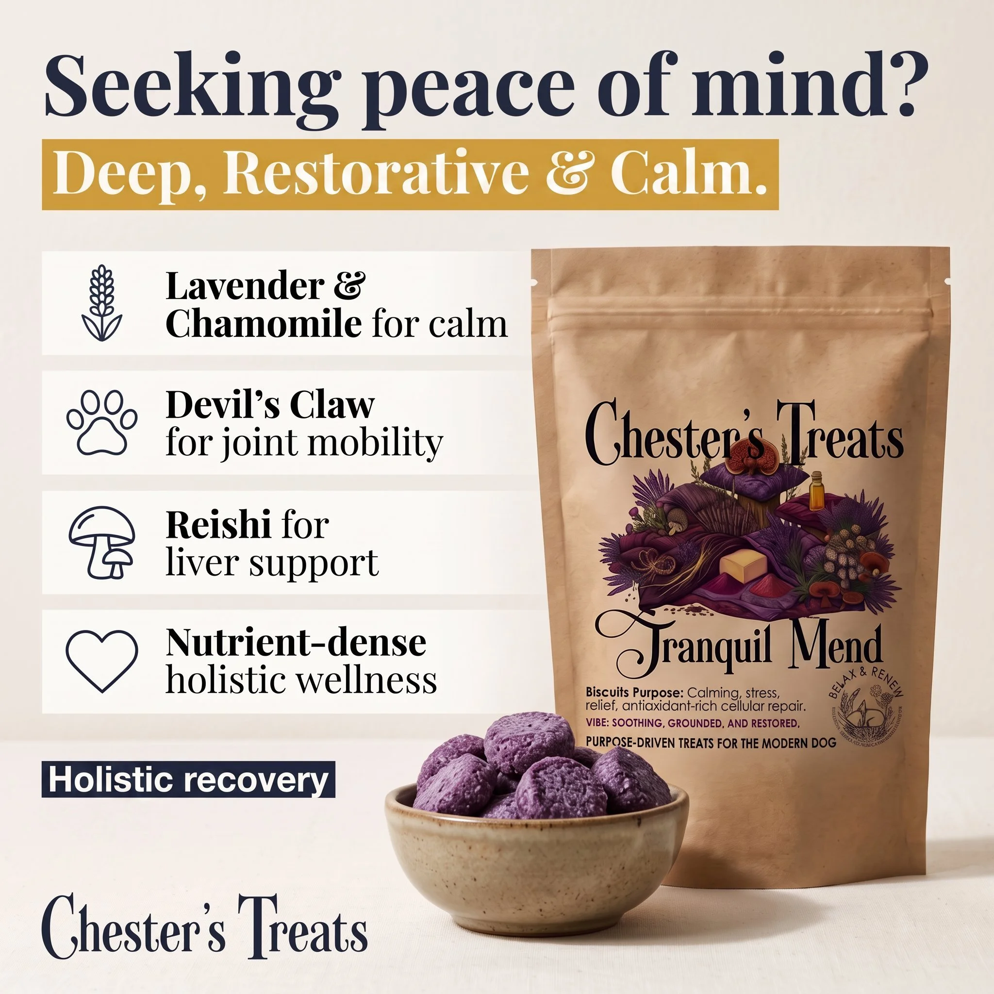 Image showing text about holistic wellness and calming treats for dogs, featuring a bowl of purple, lavender-colored herbs or treats, with packaging in the background.