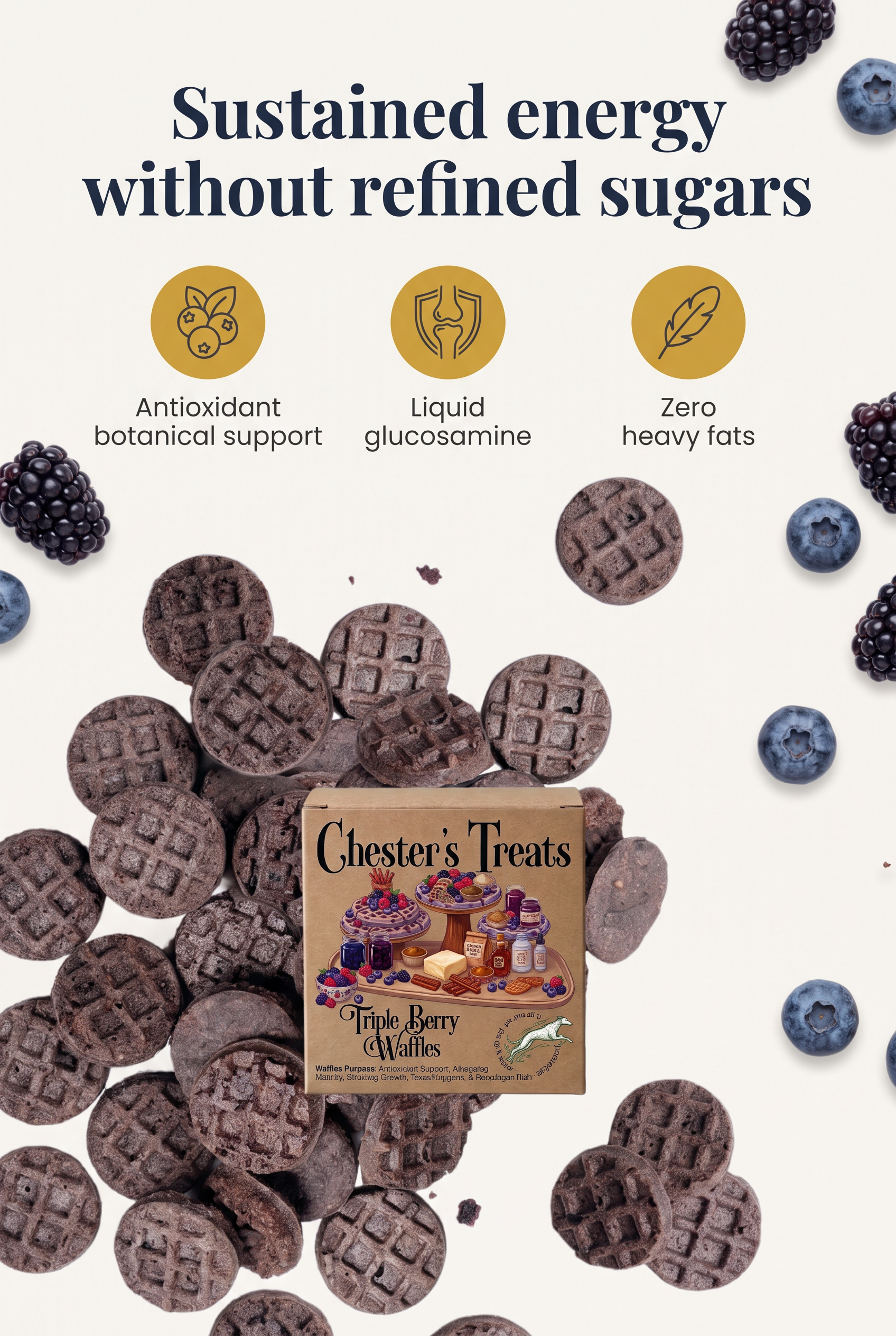 An assortment of chocolate waffles with blueberry garnishes and a box of Chester's Treats Triple Berry Waffles, featuring text highlighting benefits such as antioxidant support, liquid glucomaine, and zero heavy fats.