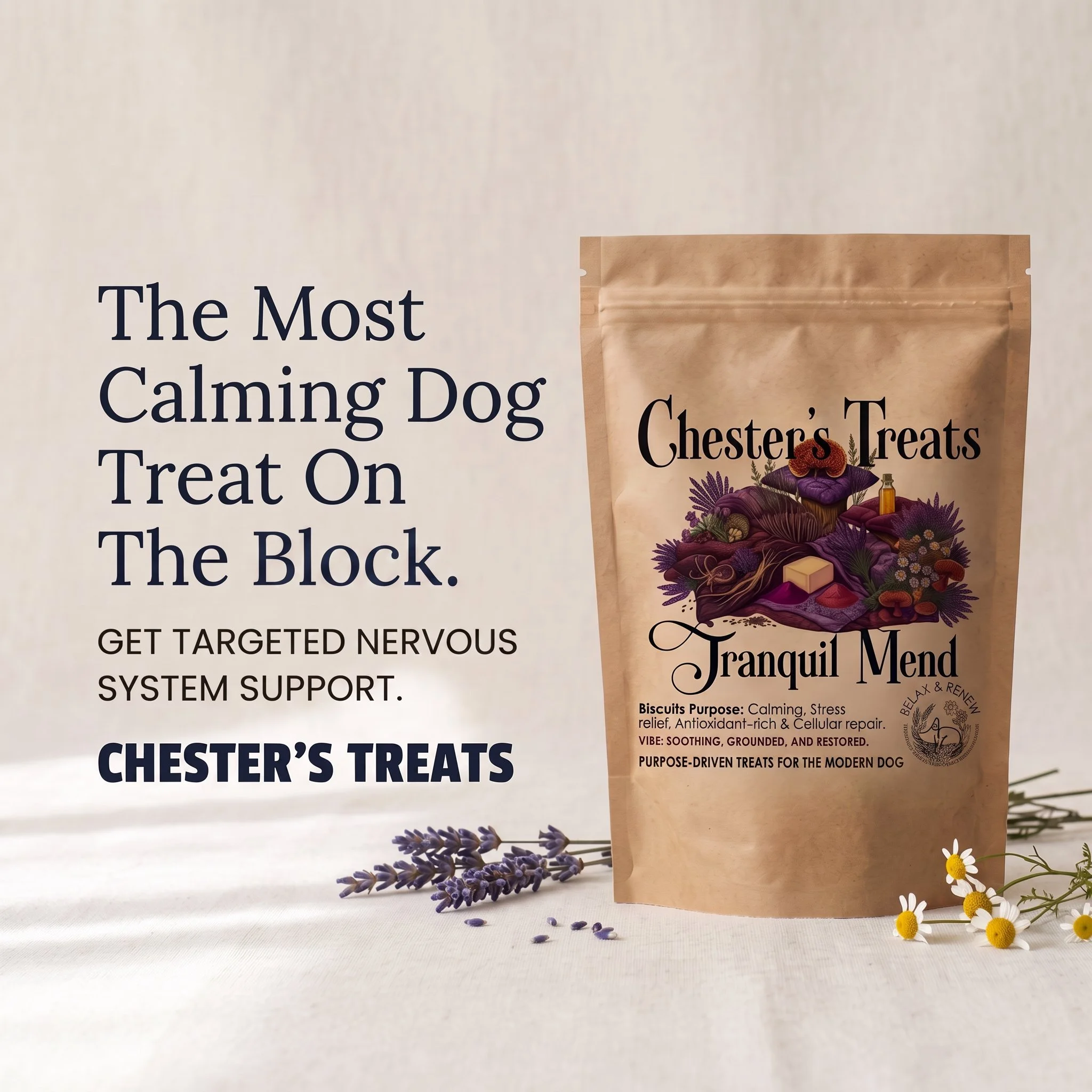 A package of Chester's Treats with the label "Tranquil M-end" featuring illustrations of lavender flowers, mushrooms, a small bottle, and herbs, on a white surface with lavender sprigs and chamomile flowers in the foreground.