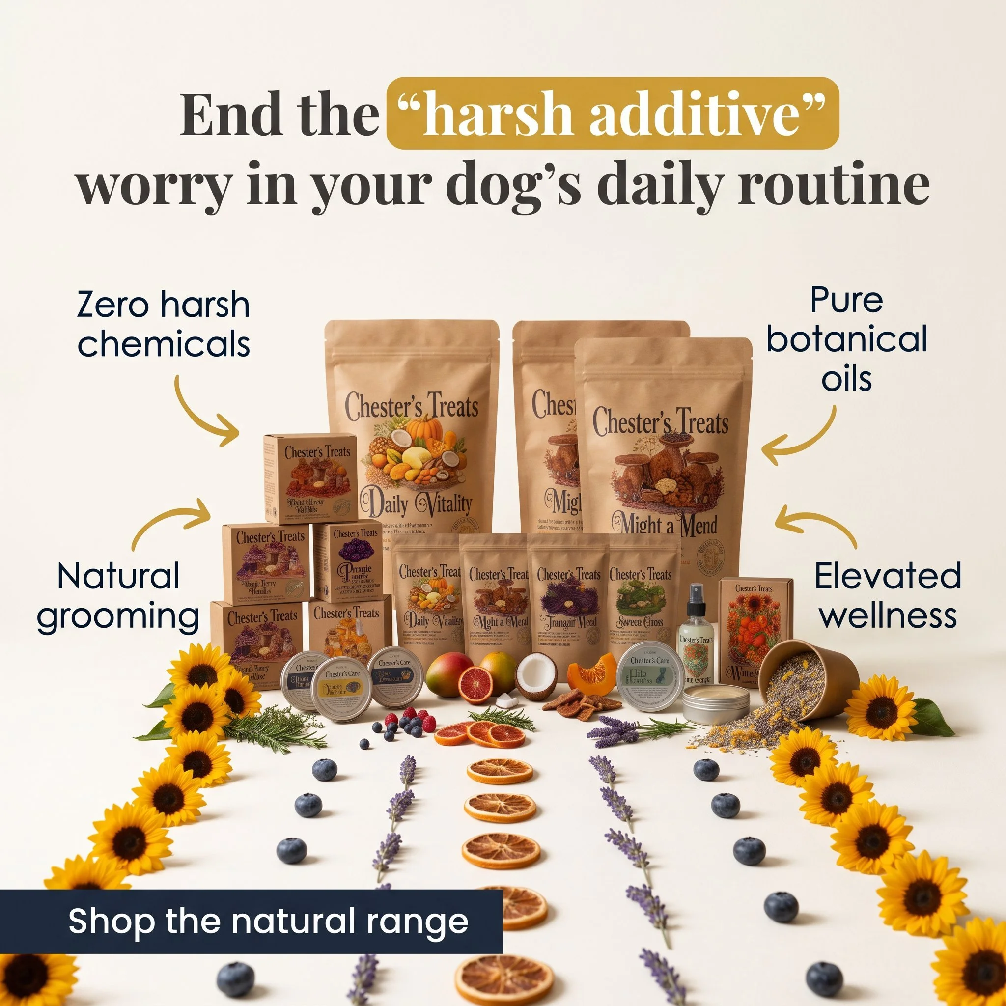 Display of natural pet products including dried fruits, herbs, and wellness items, surrounded by sunflowers and blueberries.