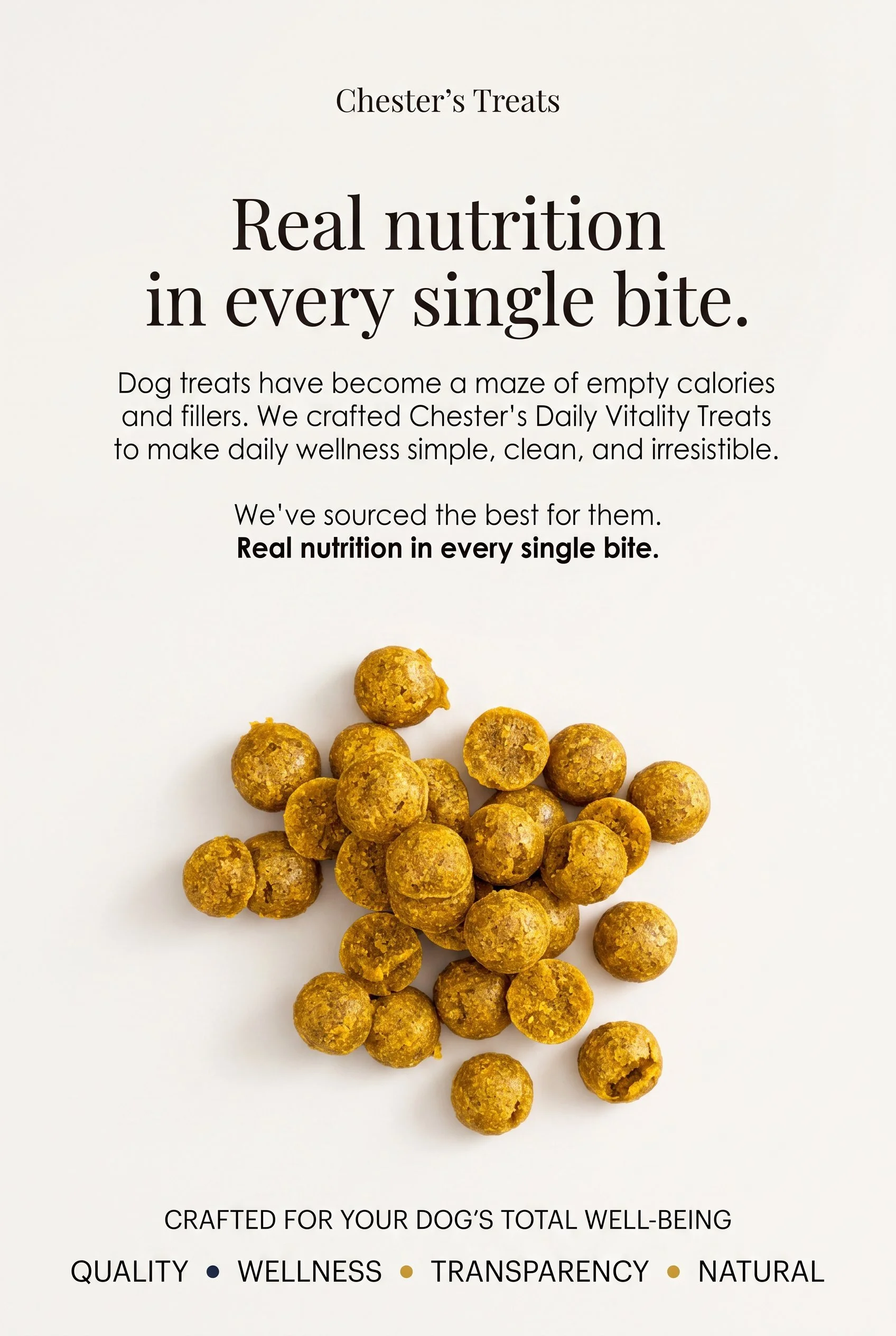 Text on a white background promoting Chester’s dog treats, with a cluster of yellowish-brown dog treats at the bottom. The text emphasizes that the treats provide real nutrition in every bite, are crafted for a dog’s total well-being, and are designe
