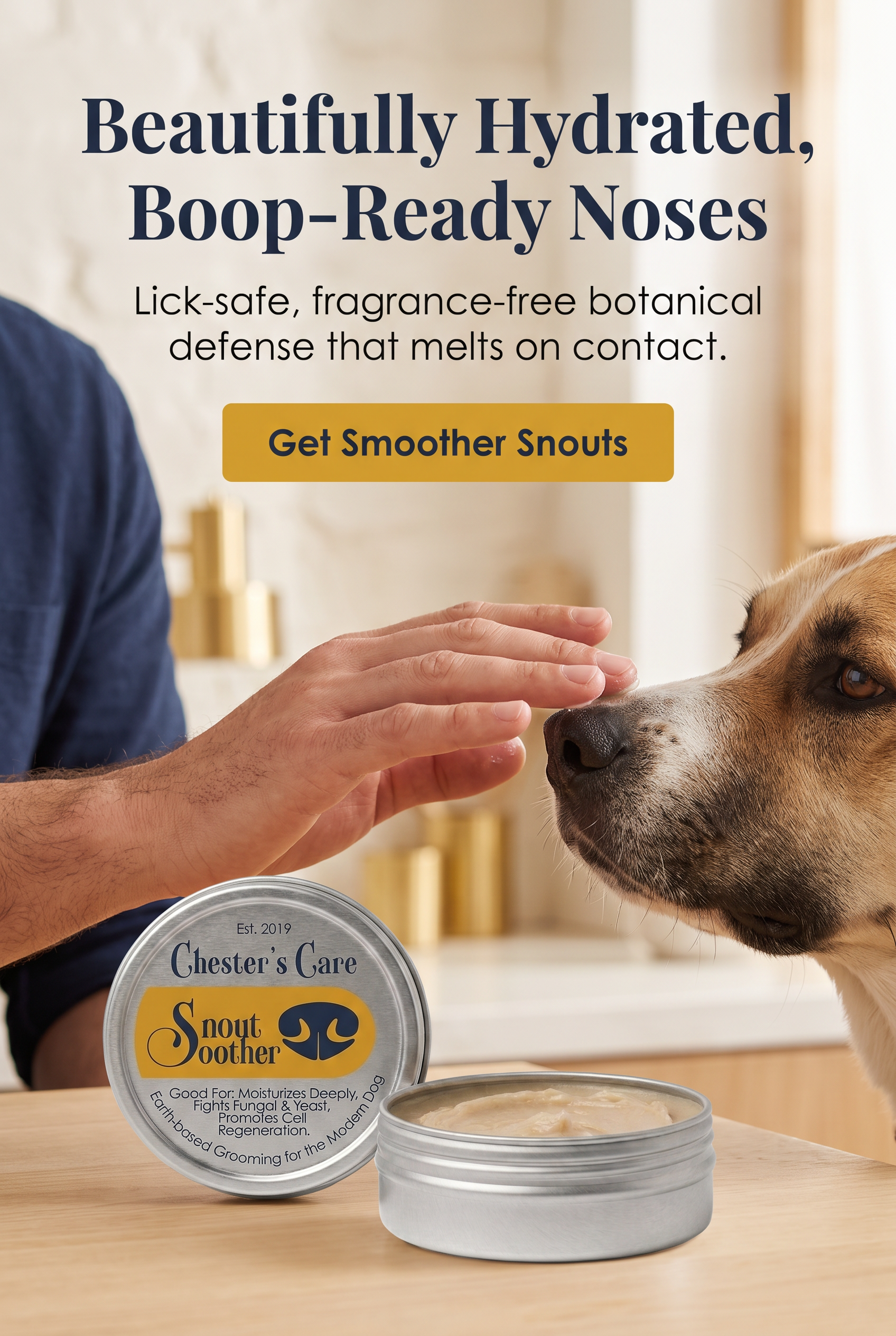 A promotional image for a botanical dog nose spray, showing a person petting a dog and a container of the spray product. The text highlights the spray's benefits for moisturizing, fighting fungi and yeast, promoting cell regeneration, and earth-based