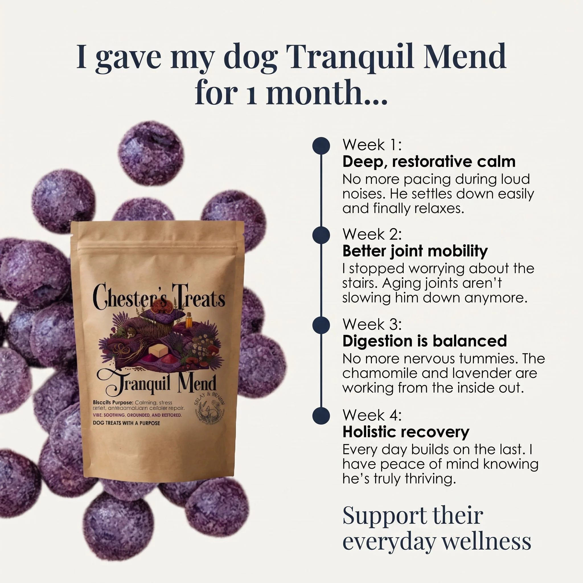 A close-up of purple, textured dog treats in a paper bag labeled 'Chester's Treats' with text about dog wellness and a timeline from week 1 to week 4, emphasizing calming effects, joint mobility, digestive balance, and holistic recovery.