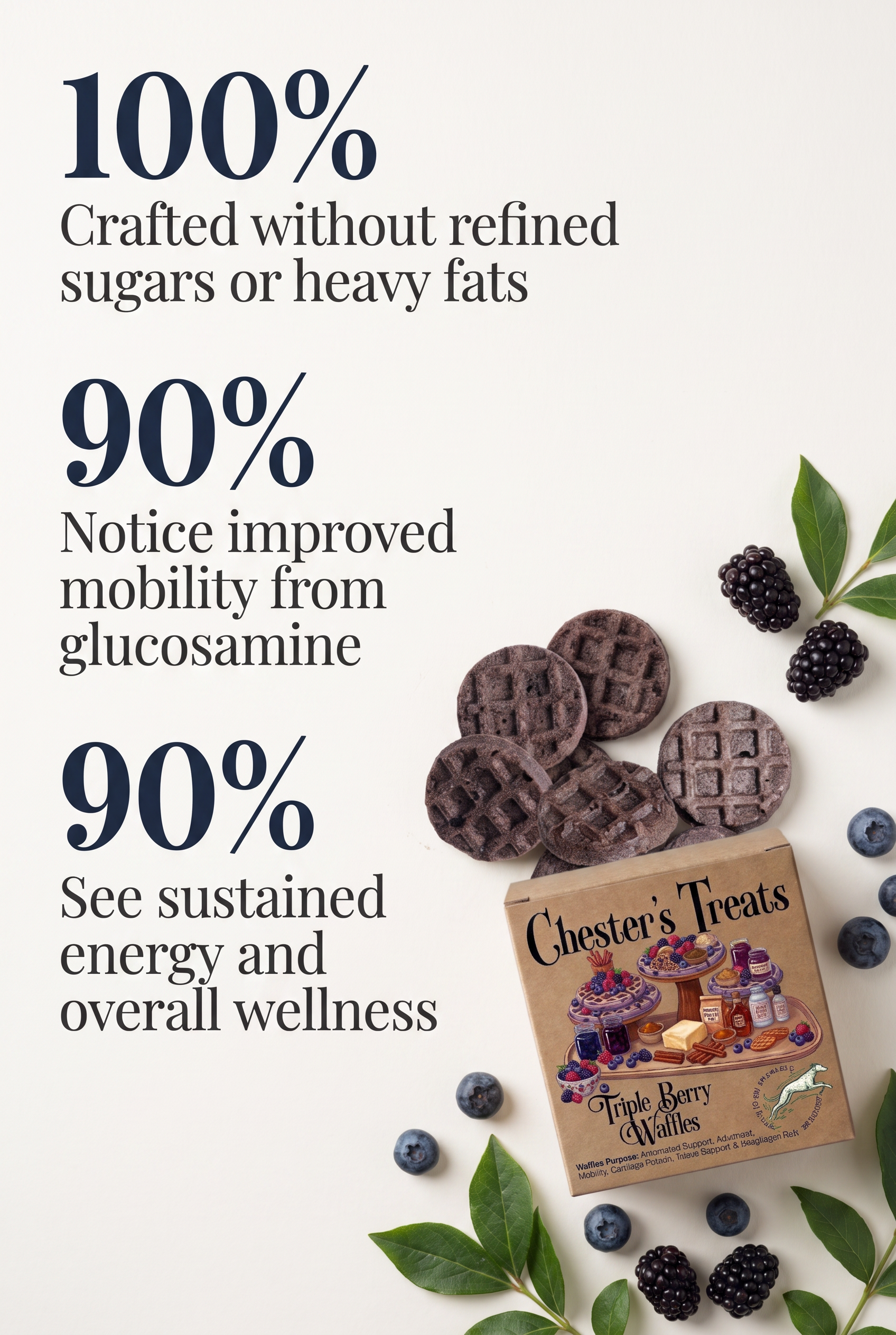 Close-up of a promotional poster featuring health statistics about a product, with images of chocolate waffles, blueberries, blackberries, and green leaves.