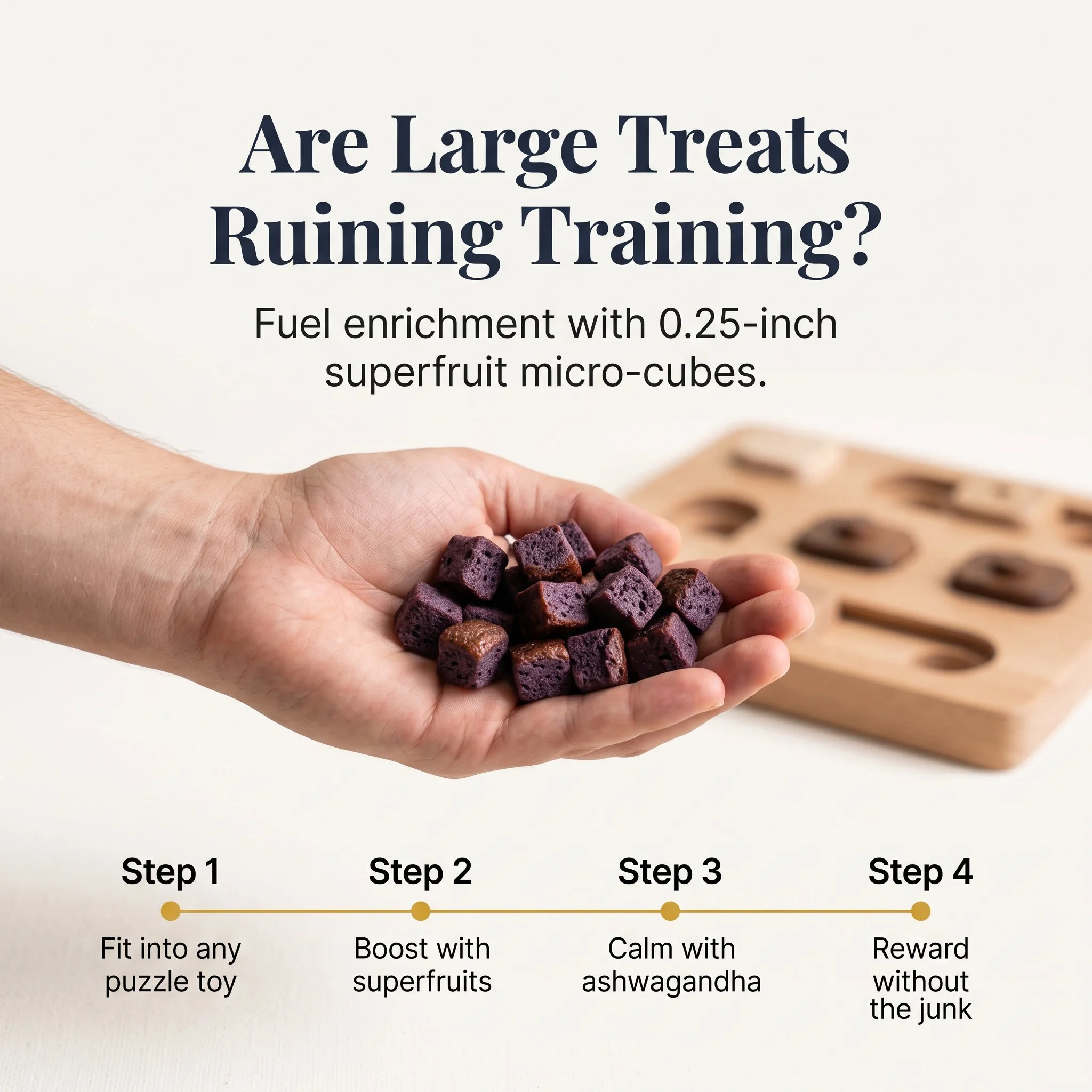 The image has a person holding small purple superfruit micro-cubes, with a step-by-step guide at the bottom explaining how to incorporate them into a diet. The steps include fitting into any puzzle toy, boosting with superfruits, calming with ashwaga