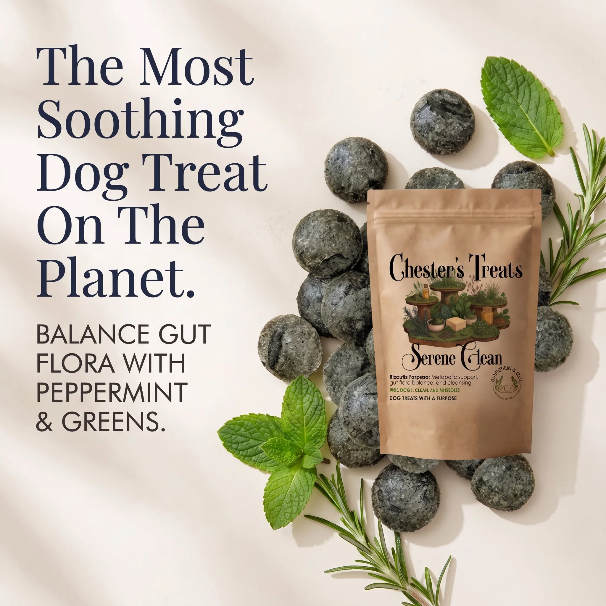 Arrangement of dark-colored dog treats, fresh green mint, and rosemary sprigs on a white background with partial text about dog treats.