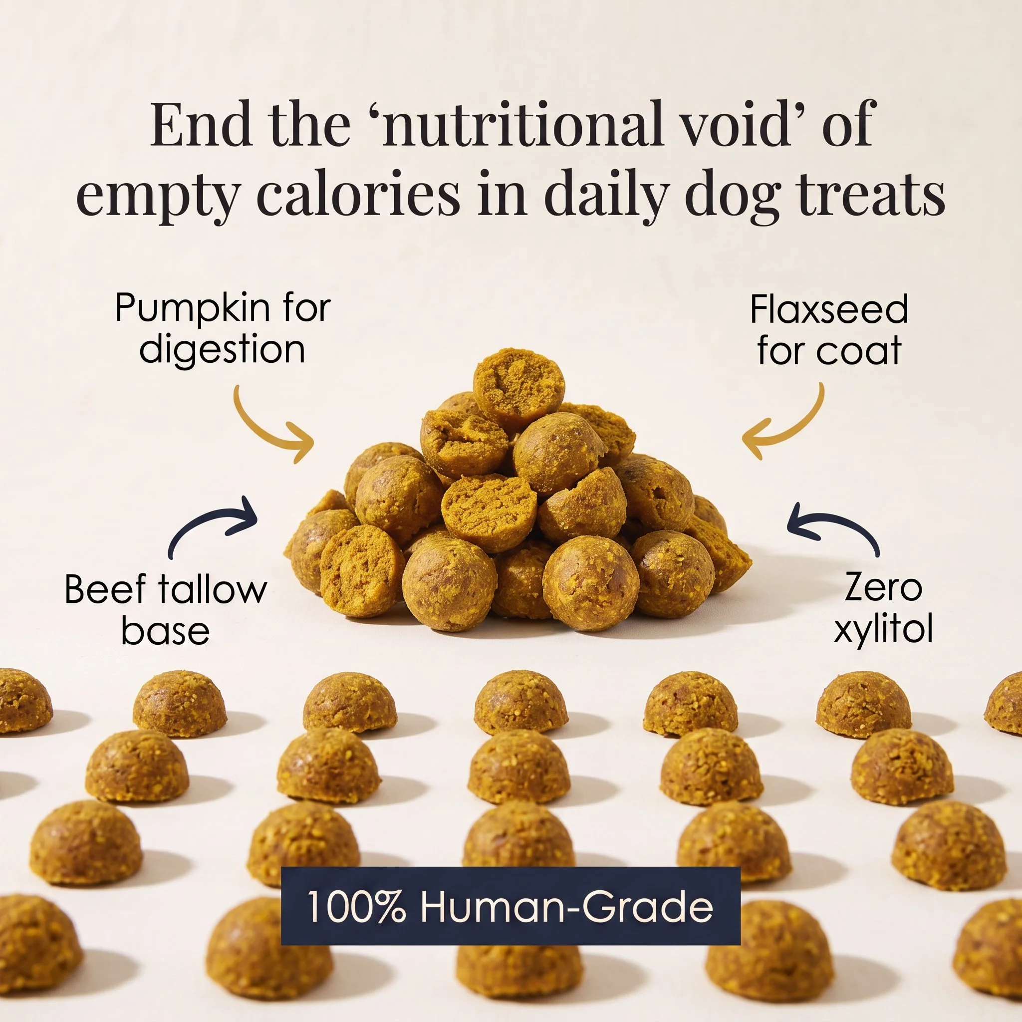 Text on a white background promoting healthy dog treats. It says: 'End the 'nutritional void' of empty calories in daily dog treats. Features images of dog treats and mentions '100% Human-Grade'.