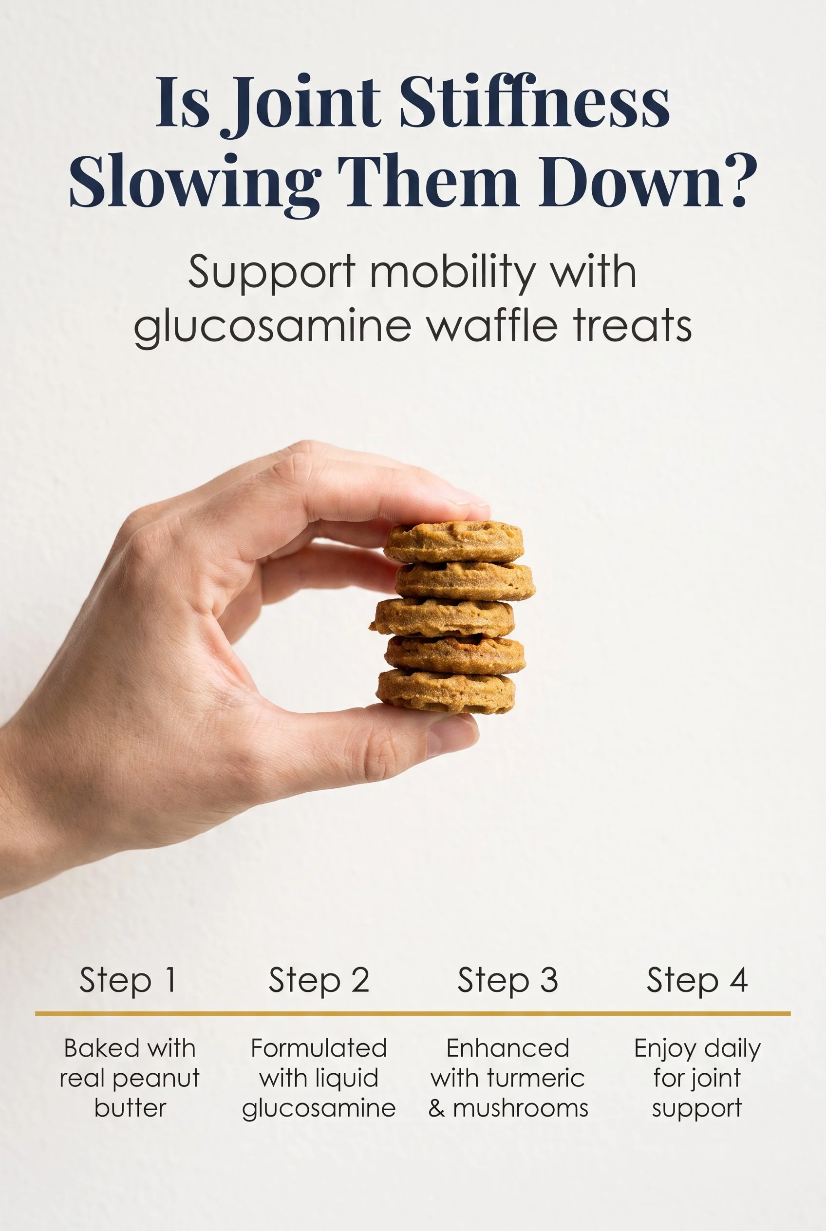 Step-by-step guide for supporting joint health using gluten-free cookies: 1. Baked with real peanut butter; 2. Formulated with liquid glucosamine; 3. Enhanced with turmeric and mushrooms; 4. Enjoy daily for joint support.