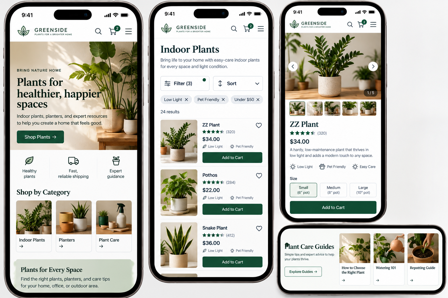 Screenshots of a mobile app for a plant store called Greenside, showcasing indoor plants, product listings with images, prices, ratings, and options to add to cart, along with plant care guides and category navigation.