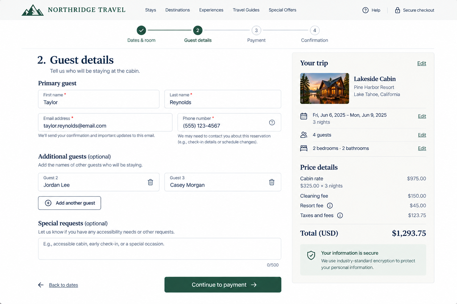 Screenshot of a travel booking website page for Northridge Travel, displaying guest details form and trip details for Lakeside Cabin in Lake Tahoe, California, with a summary including dates, number of guests, and price.