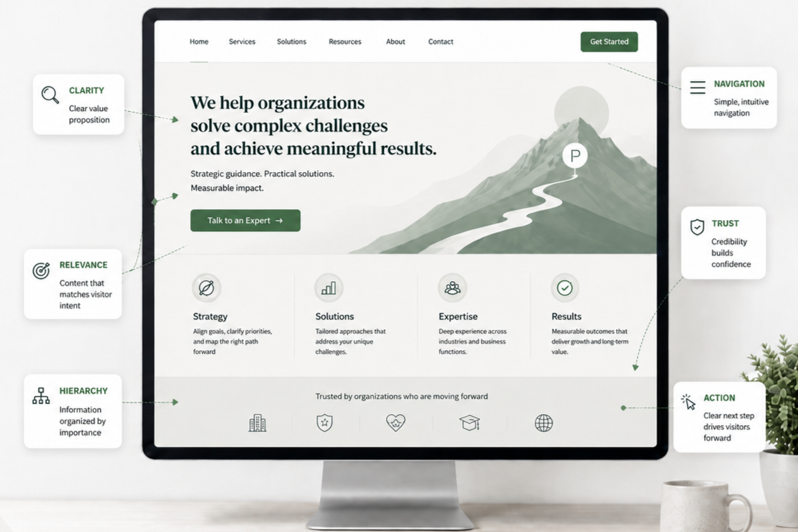 A computer monitor displaying a business website homepage with a mountain landscape graphic, navigation menu, and sections describing guiding principles like clarity, relevance, hierarchy, trust, and action.