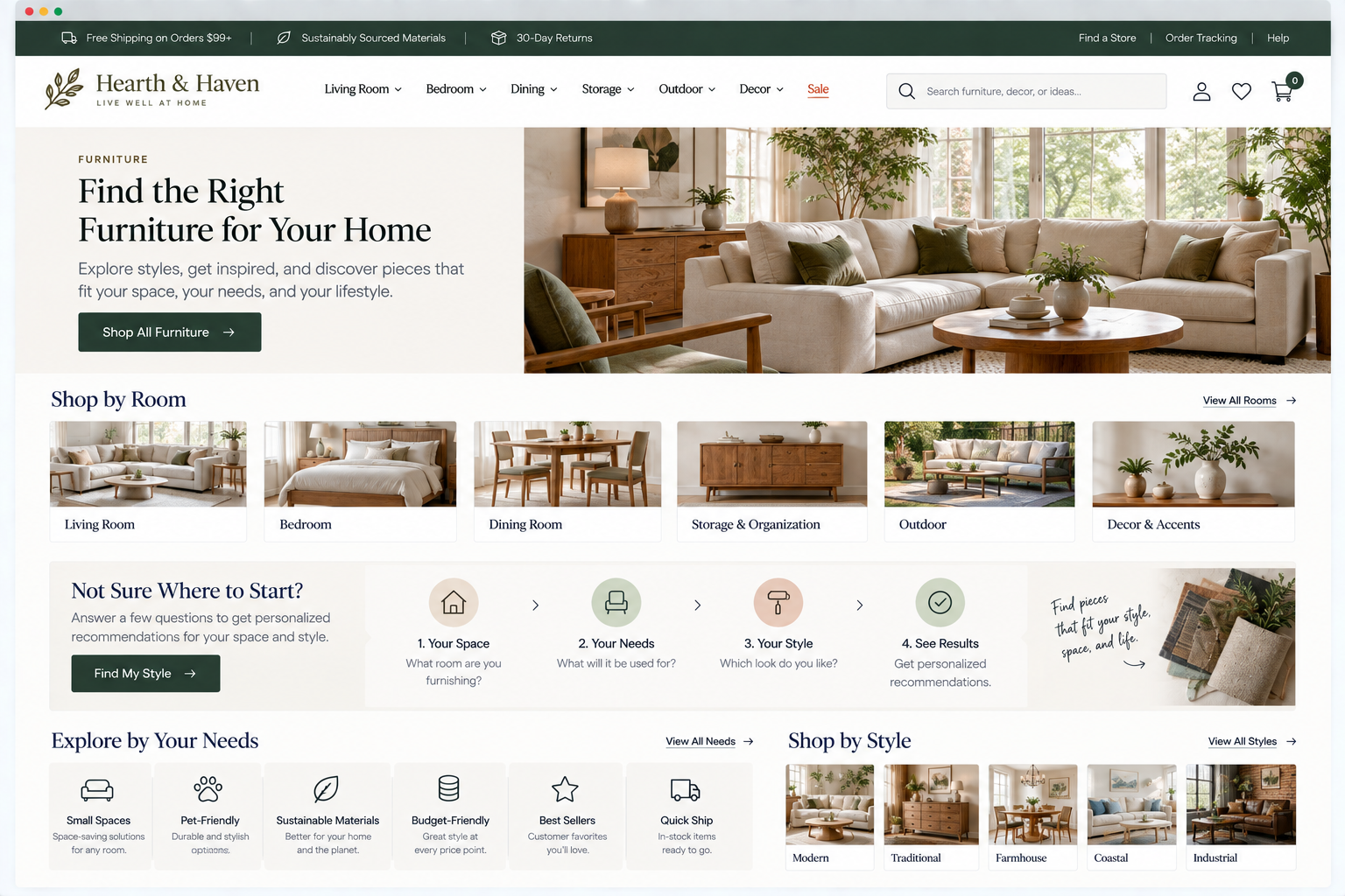 Screenshot of Hearth & Haven website homepage with a focus on furniture categories like Living Room, Bedroom, Dining Room, Storage & Organization, Outdoor, and Decor & Accents. Features a cozy living room image with a white sectional sofa, green pillows, and natural light.