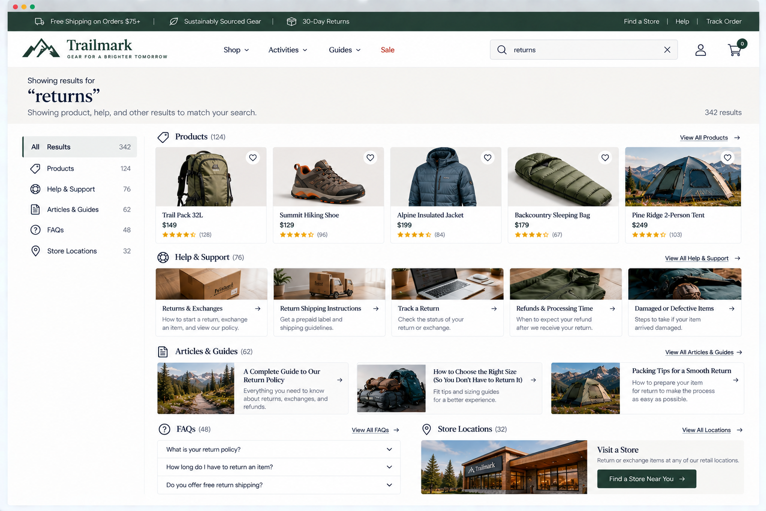 Screenshot of the Trailmark outdoor gear website showing search results for 'returns,' including products like a trail pack, hiking shoes, a jacket, a sleeping bag, and a tent, along with help and support options, articles, guides, FAQs, and store locations.
