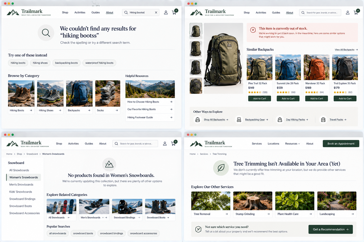Screenshots of the Trailmark outdoor gear website showing search results for hiking boots, backpacks, women's snowboards, and tree trimming services, with links, prices, and product images.