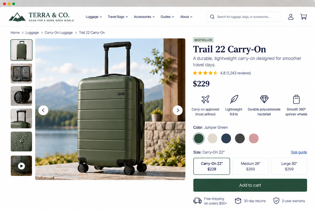 A green carry-on suitcase with four spinner wheels, placed outdoors with a lake, mountains, and a building in the background.