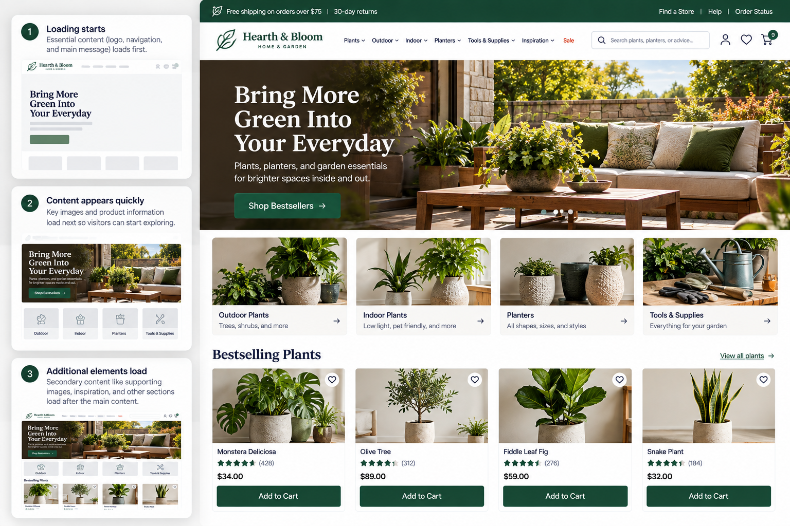 Homepage of Hearth & Bloom garden store website featuring a large outdoor seating area with pillows and plants, and a selection of potted indoor and outdoor plants for sale, including Monstera Deliciosa, Olive Tree, Fiddle Leaf Fig, and Snake Plant.