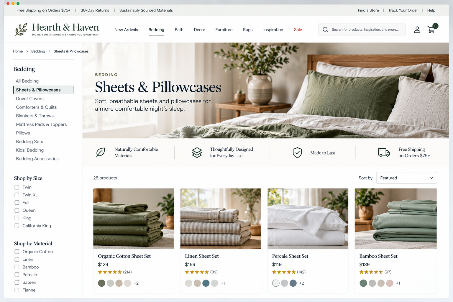 Screenshot of Hearth & Haven's bedding webpage showcasing sheets and pillowcases, with a neatly made bed featuring green and beige sheets, a wooden nightstand with a potted plant, and a search bar at the top.