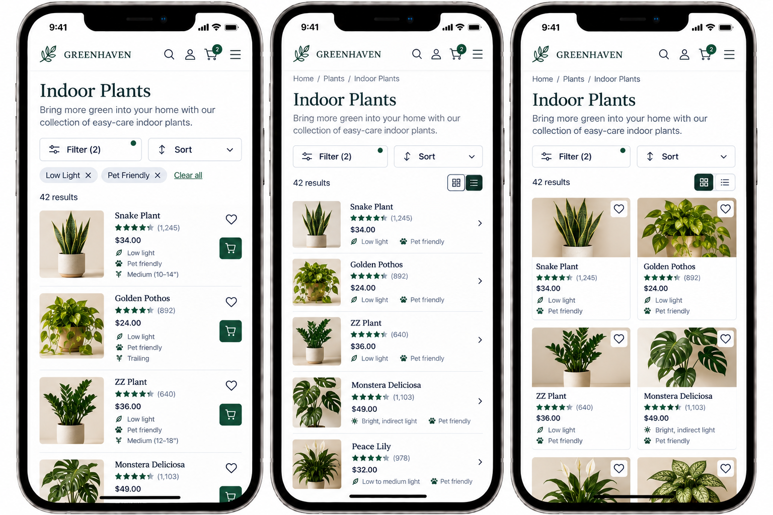 Screenshots of a mobile shopping website displaying indoor plants with filters and product details, including snake plant, golden pothos, ZZ plant, monstera deliciosa, and peace lily.