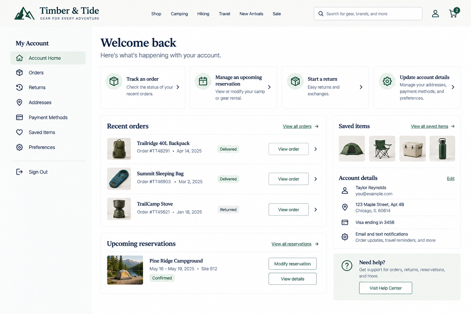 Screenshot of Timber & Tide online account dashboard showing recent orders, upcoming reservations, saved items, account details, and navigation menu.