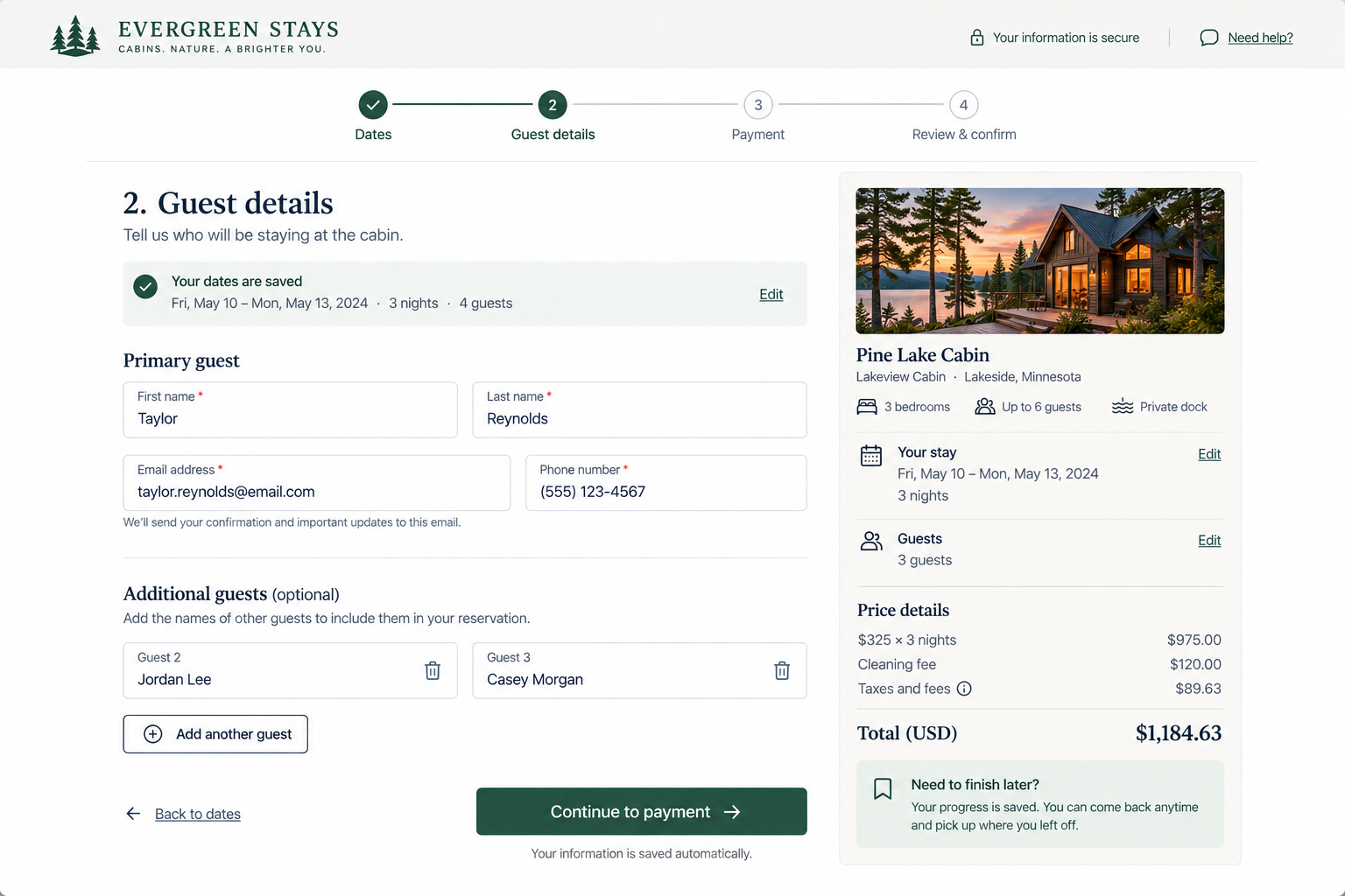 Screenshot of a hotel booking website for Evergreen Stays showcasing a Pine Lake Cabin in Lakeside, Minnesota. The page displays booking details for a stay from May 10 to May 13, 2024, for 3 nights and 4 guests, with a reservation for a primary guest named Taylor Reynolds and additional guests Jordan Lee and Casey Morgan. The total cost is $1,184.63.