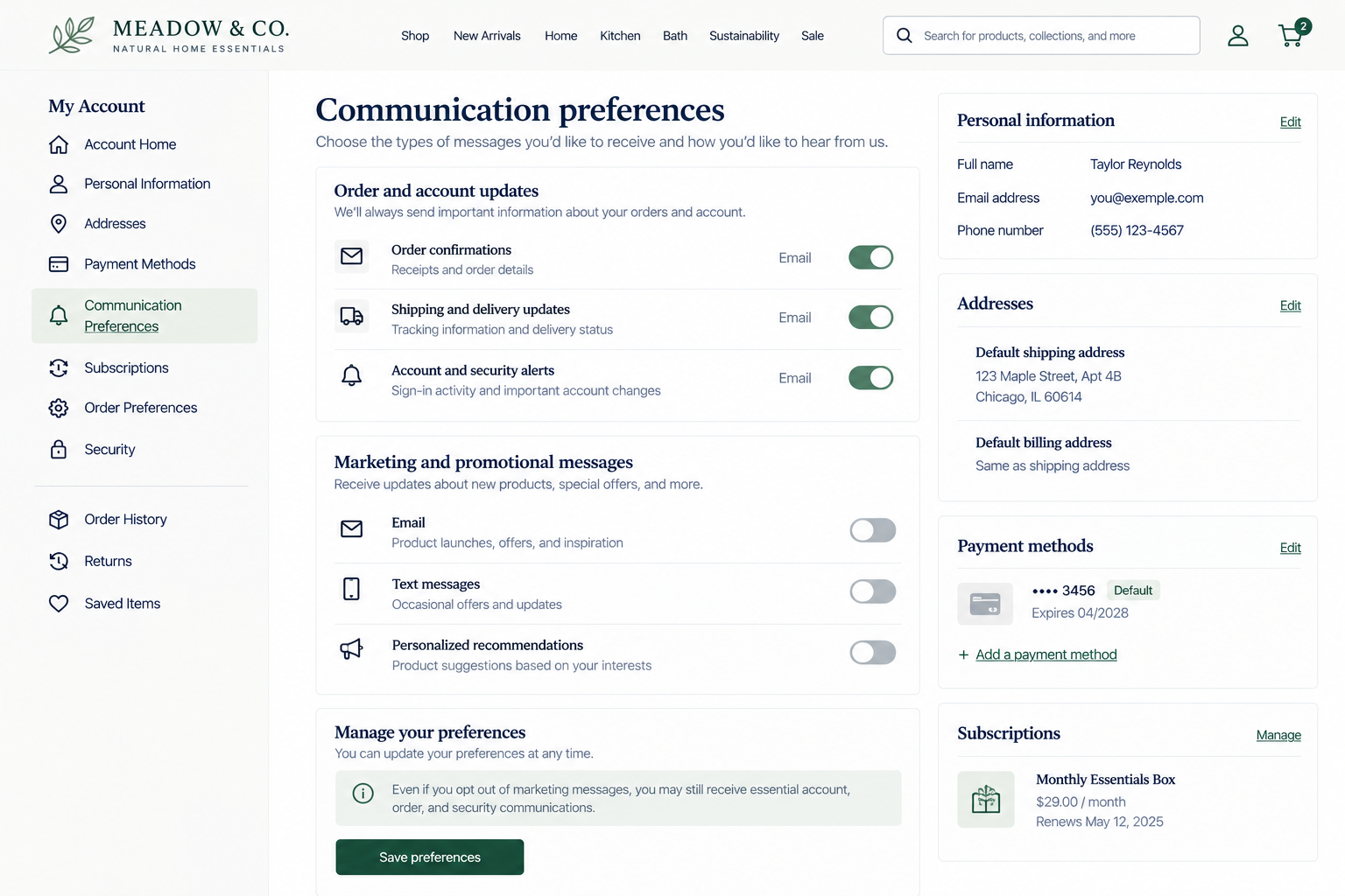 Screenshot of an online account settings page from Meadow & Co. website, showing communication preferences, personal information, address, payment methods, and subscriptions.