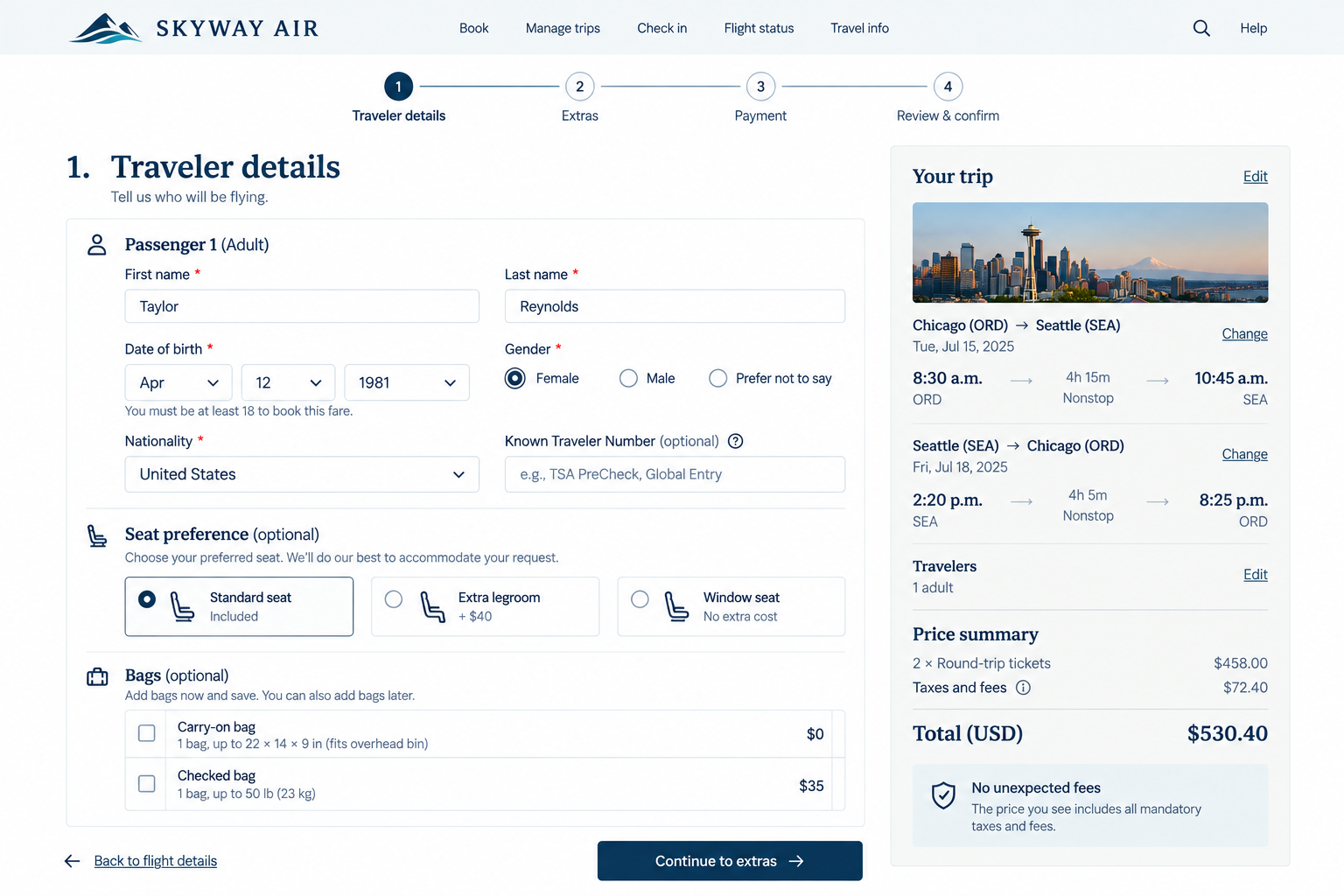 Skyway Air online flight booking webpage showing traveler details form, trip schedule from Chicago to Seattle, and price summary for two tickets.