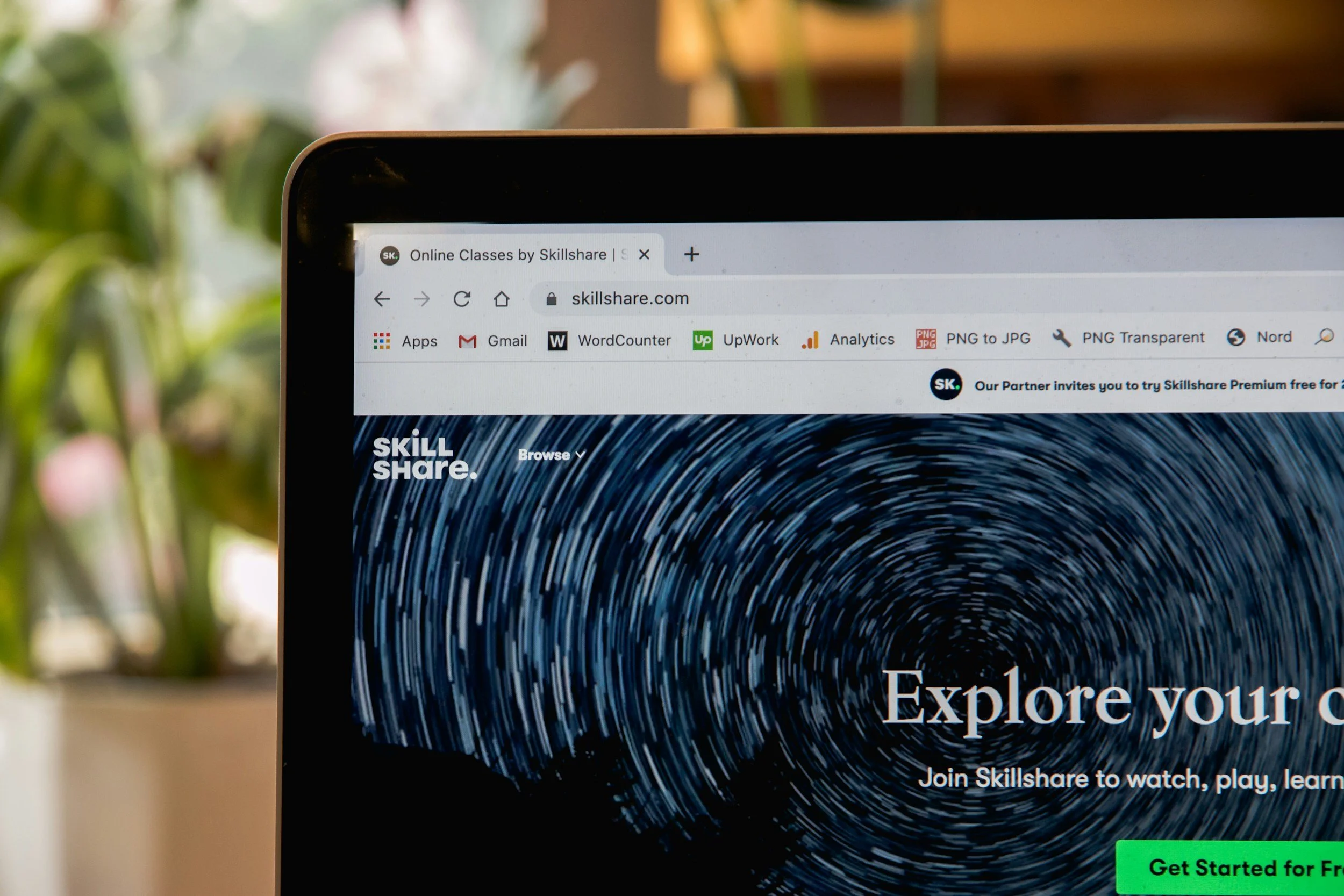 Partial view of a laptop screen showing the Skillshare website with a swirling black and white visual, green 'Get Started' button, and website browser tabs. Background blurred with green plants.