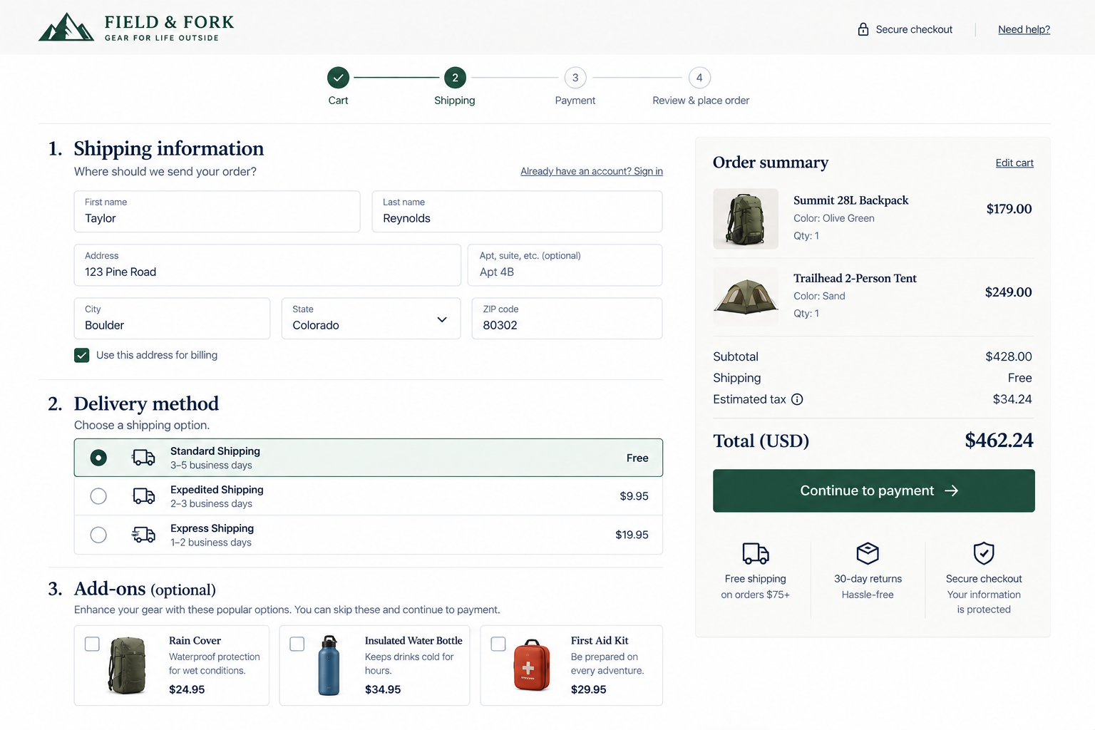 Online shopping checkout page for outdoor gear from Field & Fork, showing shipping information, order summary with backpack and tent, delivery options, add-ons, and total price.