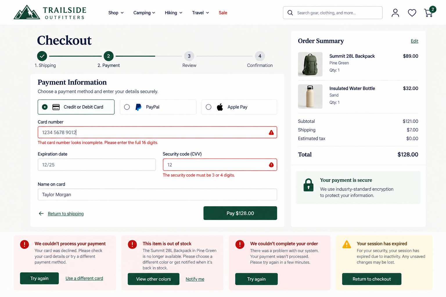 Online checkout page for Trailside Outfitters showing an error message for incomplete credit card information, total amount due, and order summary with two items: a backpack and water bottle.