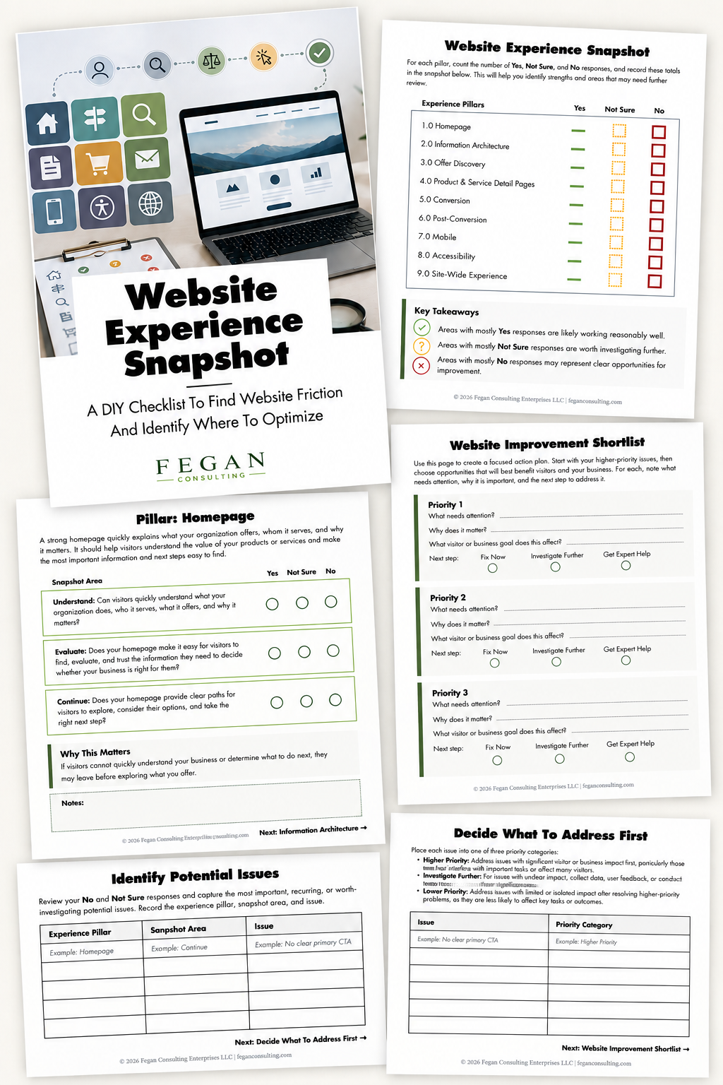 Set of printed sheets with a website experience snapshot, checklist, and improvement plan, incorporating icons like a house, magnifying glass, shopping cart, and smartphone, alongside a laptop displaying a mountain landscape on its screen.