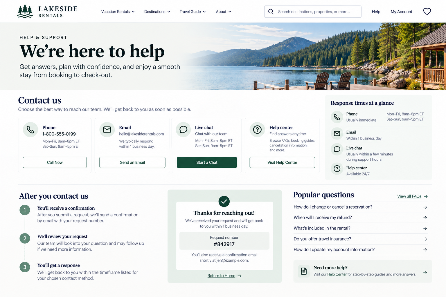 Screenshot of the Lakeside Rentals website contact page featuring a scenic lake and mountain view with outdoor chairs and a gazebo.
