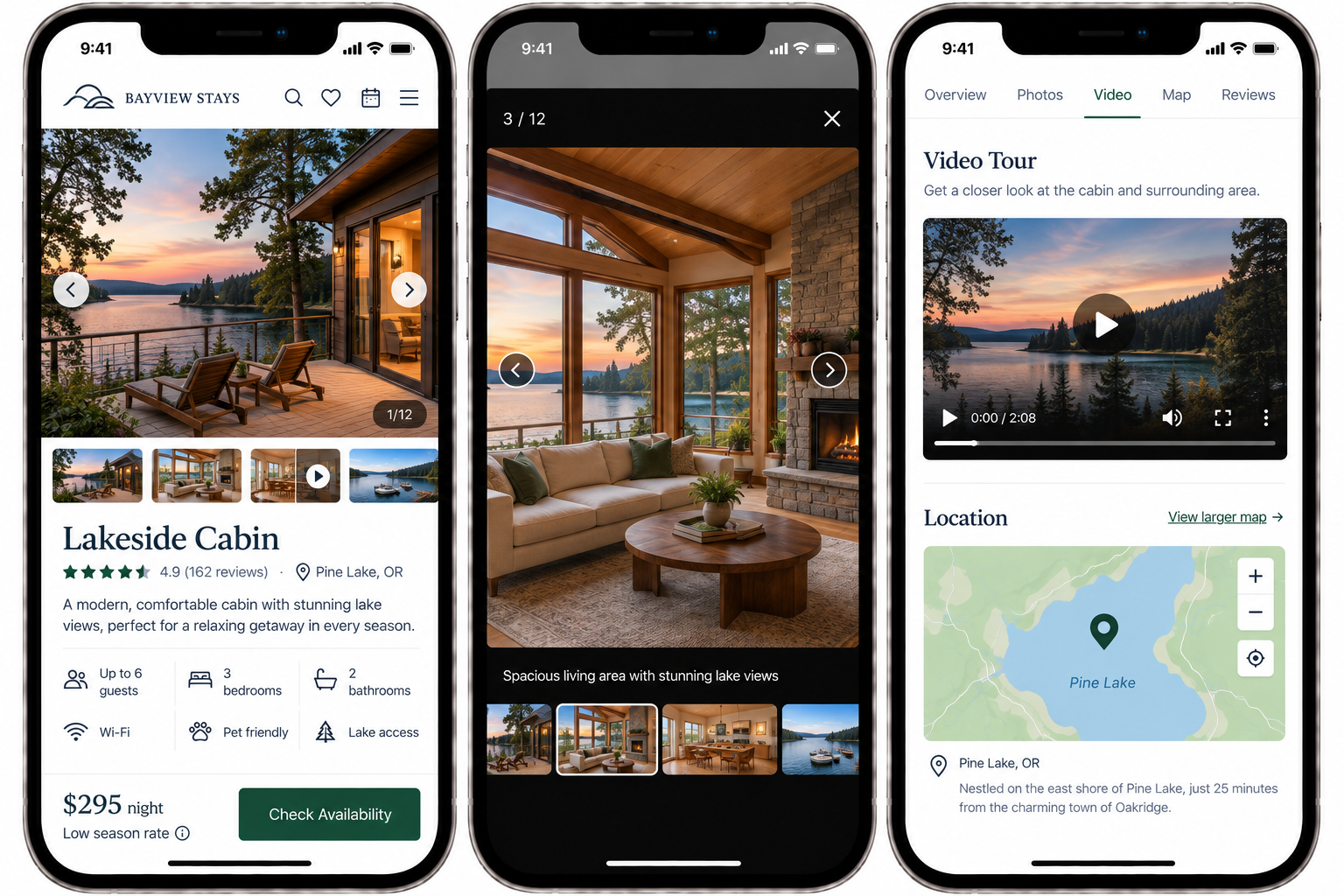 Screenshots of a mobile app showing a lakeside cabin rental listing with photos of the cabin's interior and exterior, a video tour of the cabin and lake, and a map of Pine Lake, Oregon.
