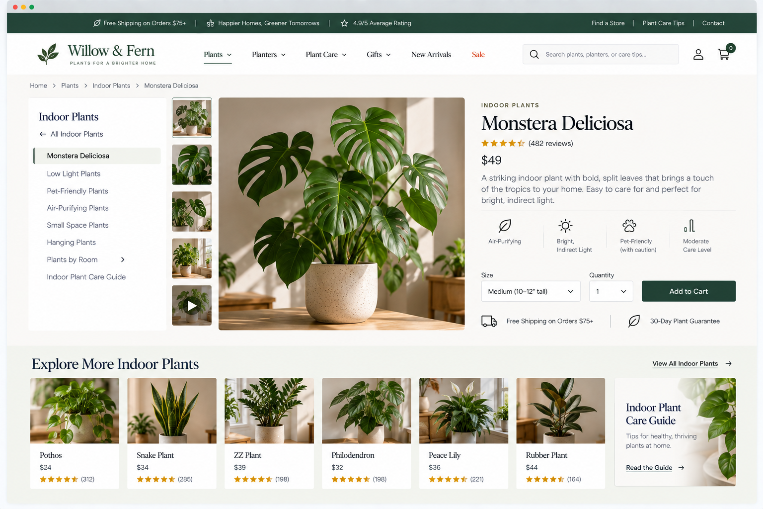 Online plant store webpage featuring Monstera Deliciosa for $49 with product details and customer reviews, surrounded by other indoor plants.