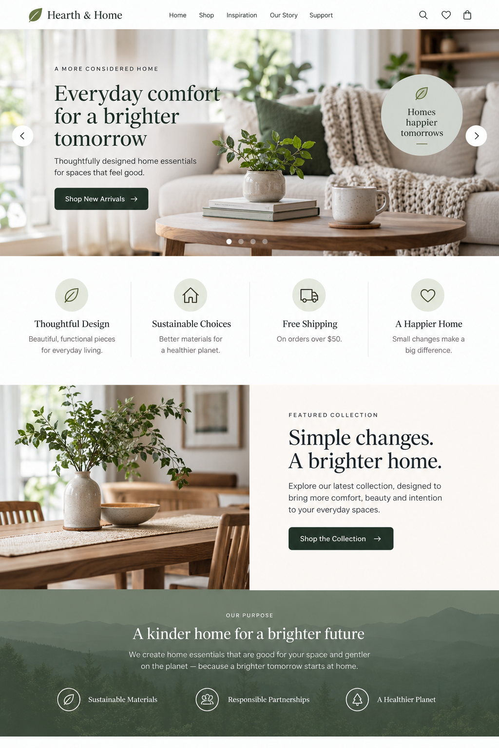 Homepage of Hearth & Home website showcasing living room with green plants, natural wood furniture, and eco-friendly home essentials and design philosophy.