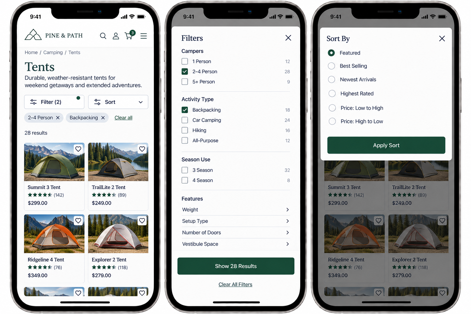 Mobile app displaying camping tents for sale. The first screen shows the tents filtered by 2-4 person capacity and backpacking activity, with results like Summit 3 Tent priced at $299, TrailLite 2 Tent at $249, and others. The second screen shows filter options for camp capacity, activity type, season use, features, and a button to show 28 results. The third screen shows sorting options including featured, best selling, newest arrivals, highest rated, and price from low to high, with a view of tent products underneath.