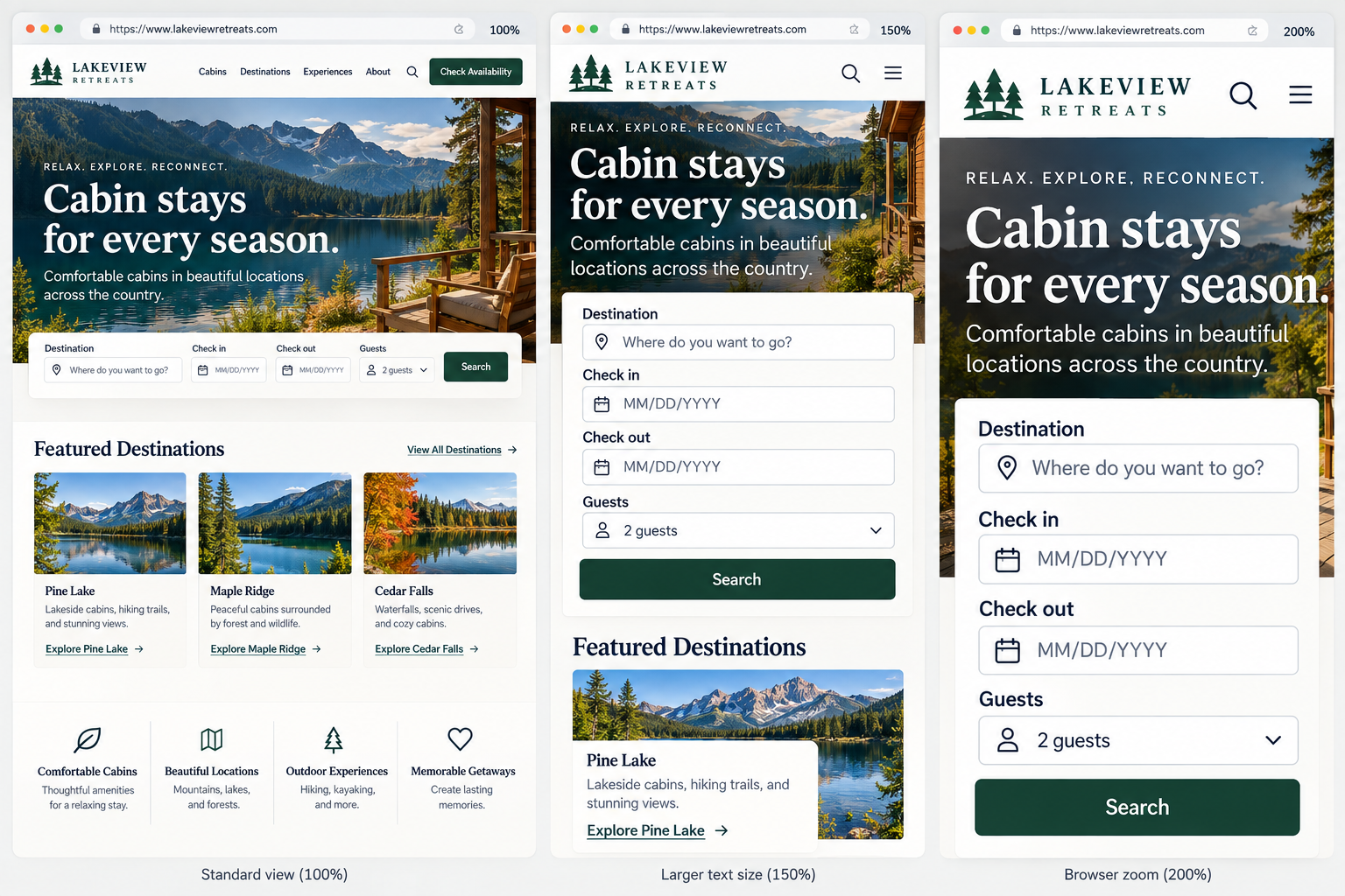 Multiple website screenshots of Lakeview Retreats homepage, featuring mountain lakes, cabins, and outdoor scenery, with search and destination options.