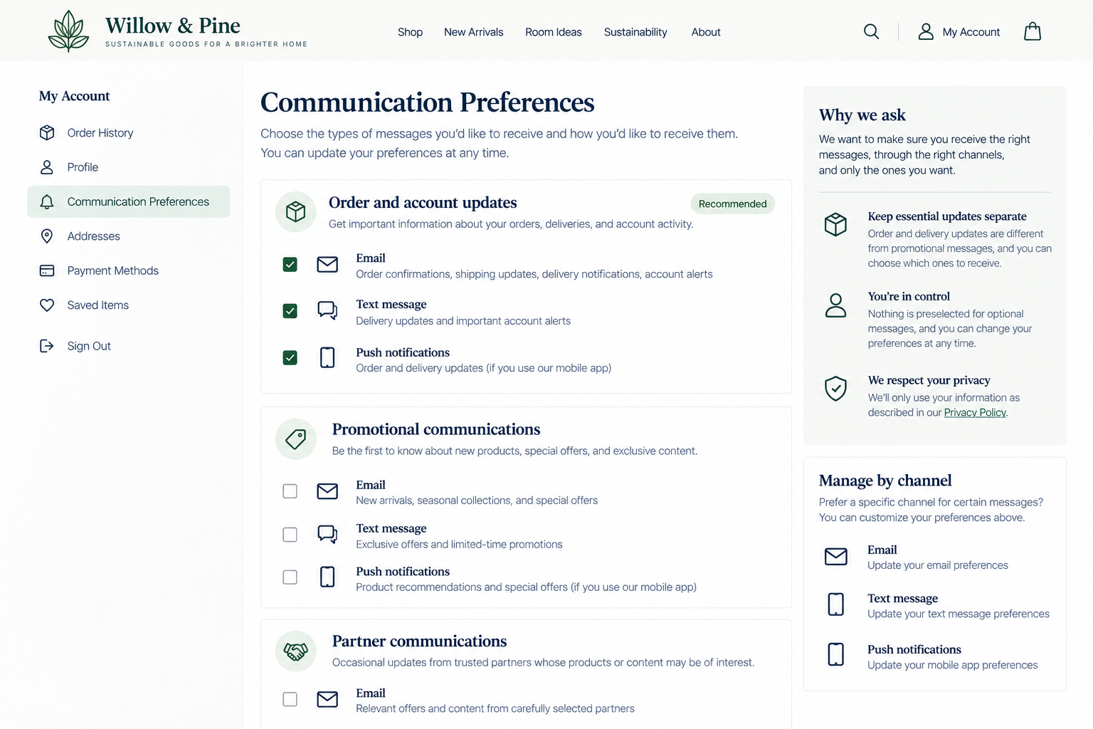 Screenshot of Willow & Pine's website showing the 'Communication Preferences' page with options for order updates, promotional communications, and partner updates via email, text, and push notifications.