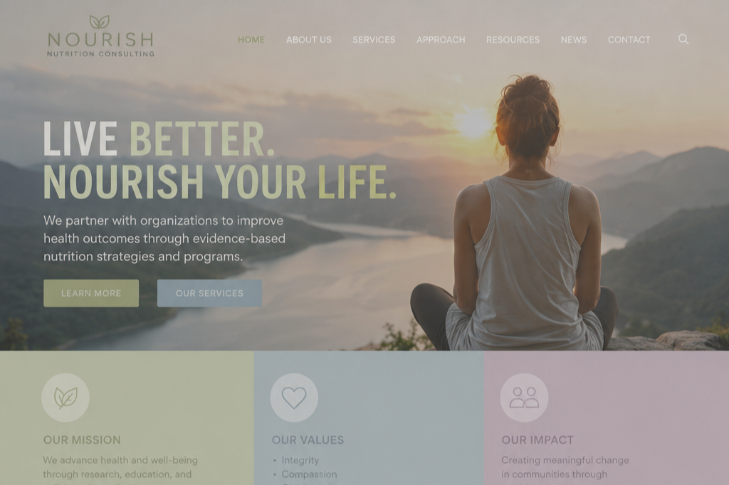 Website homepage for Nourish Nutrition Consulting, featuring a woman sitting and meditating outdoors at sunset overlooking a lake and mountains. The page includes navigation links: Home, About Us, Services, Approach, Resources, News, Contact, with slogans 'Live Better. Nourish Your Life.' and buttons 'Learn More' and 'Our Services'.