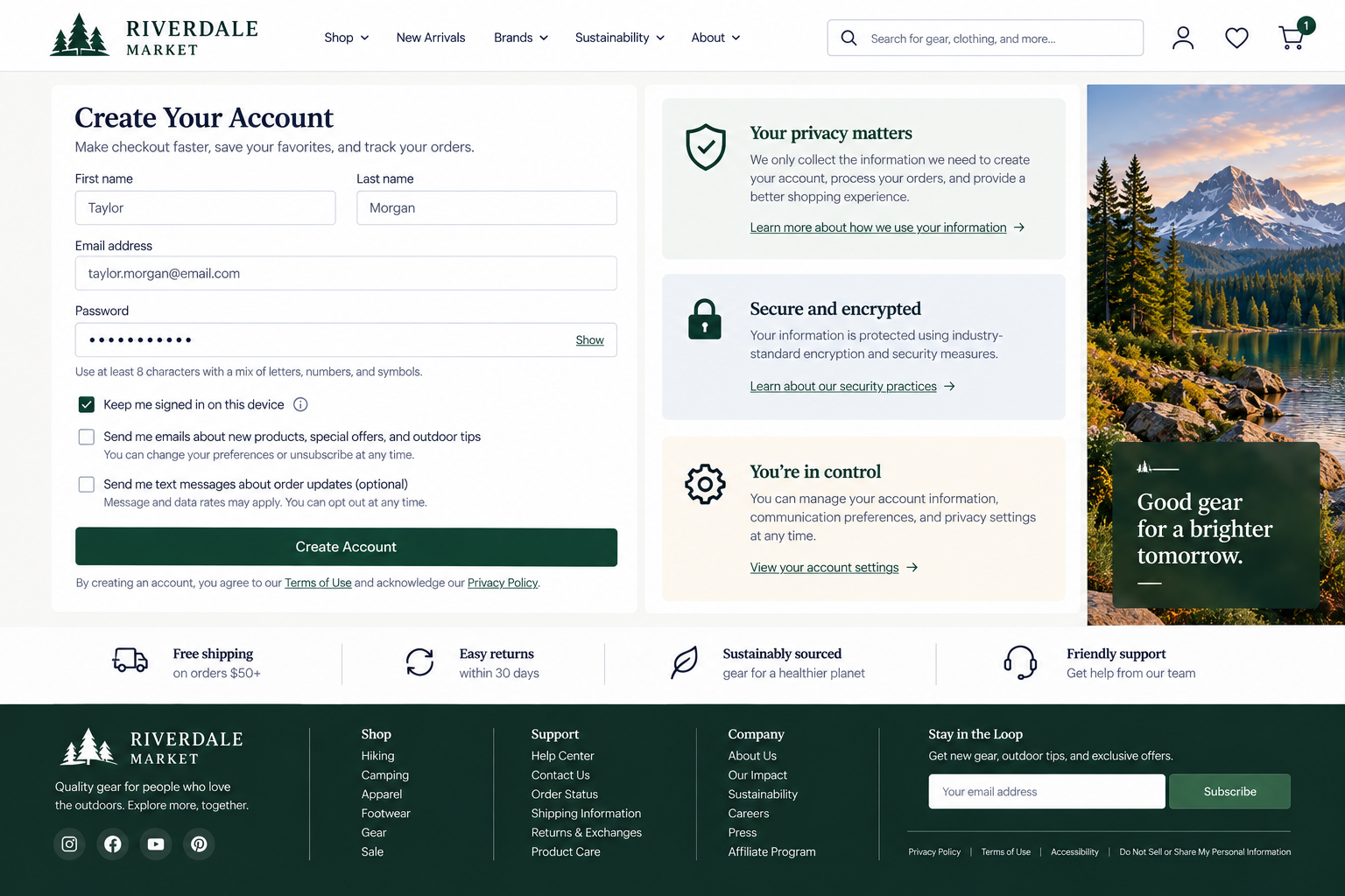 Screenshot of an online retail website's create account page, featuring a form to enter first name, last name, email, and password, with sections on privacy, security, and account management, and a scenic mountain and forest background on the right.