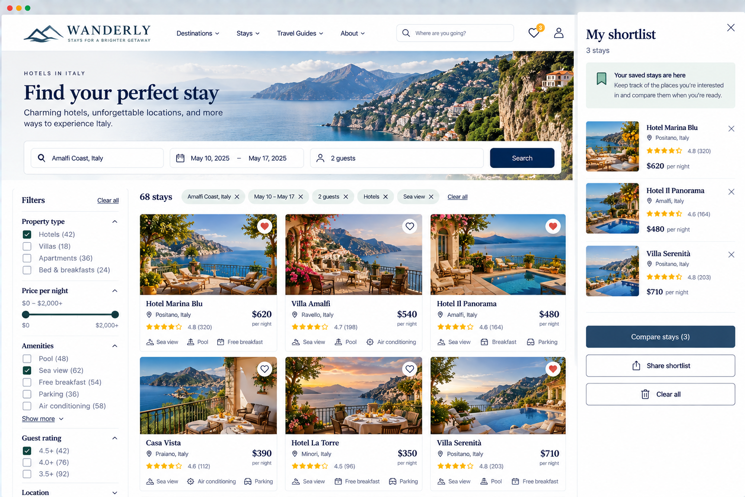 Screenshot of a hotel booking website featuring listings for hotels in Italy, including Hotel Marina Blu, Villa Amalfi, and Hotel Il Panorama, with prices, ratings, and amenities.