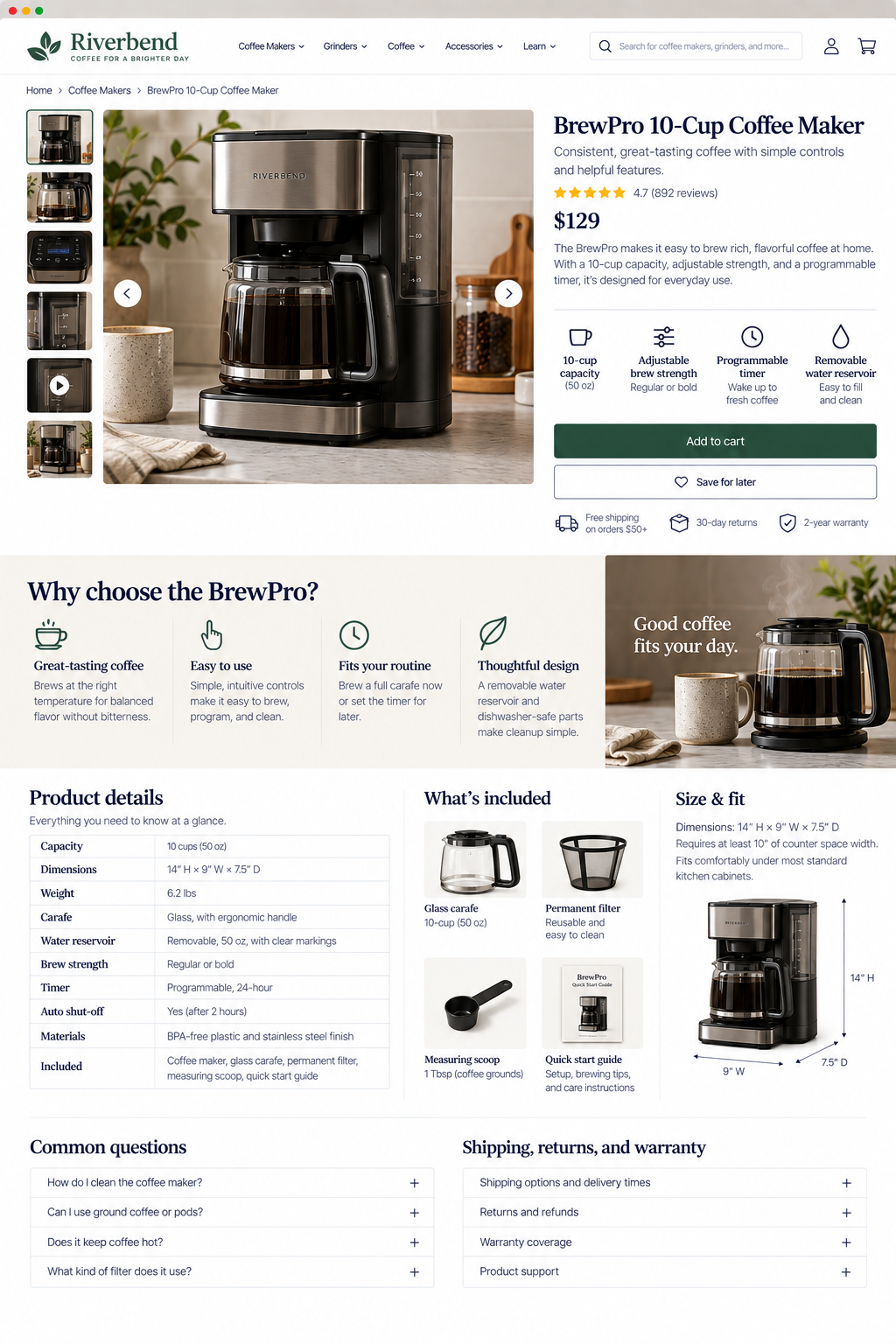 Product webpage displaying a Riverbend BrewPro 10-Cup Coffee Maker in black and stainless steel, placed on a kitchen countertop with a coffee mug, plant, and wooden container in the background.