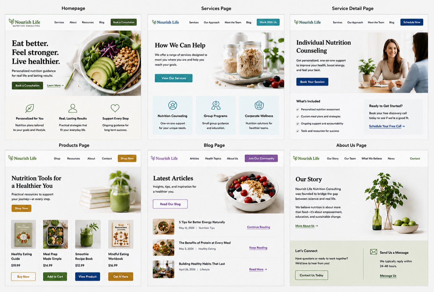 Screenshots of various pages of a nutrition consulting website called Nourish Life, including homepage, services page, service detail page, products page, blog page, and about us page, featuring images of healthy food, supplements, and a dietitian consultation.