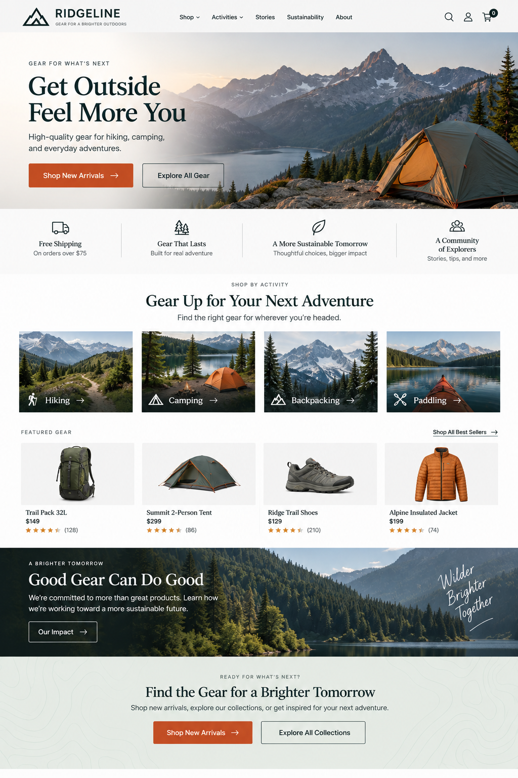Homepage of Ridgeline outdoor gear store with scenic mountain and lake background, featuring a tent and navigation options for gear and activities.