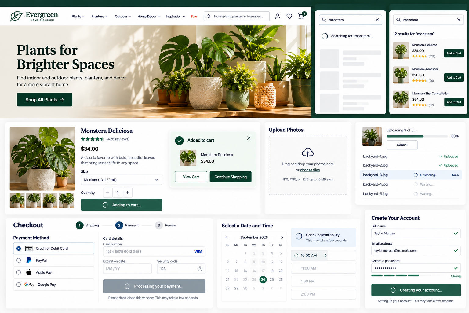 Online garden store webpage featuring potted plants, plant search results, and shopping cart with a Monstera Deliciosa for sale.